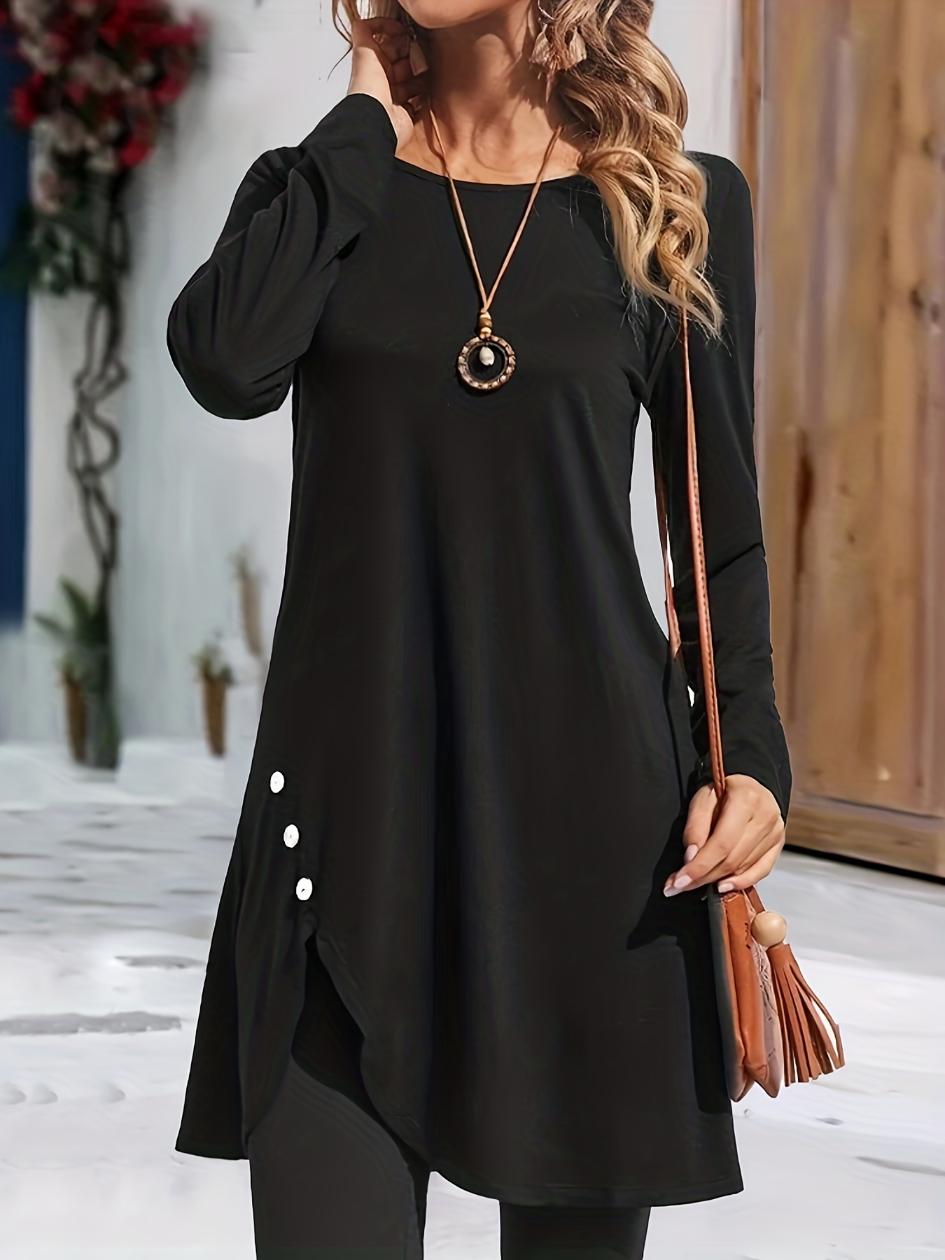 asymmetrical hem solid dress casual crew neck long sleeve dress with buttons womens clothing details 6