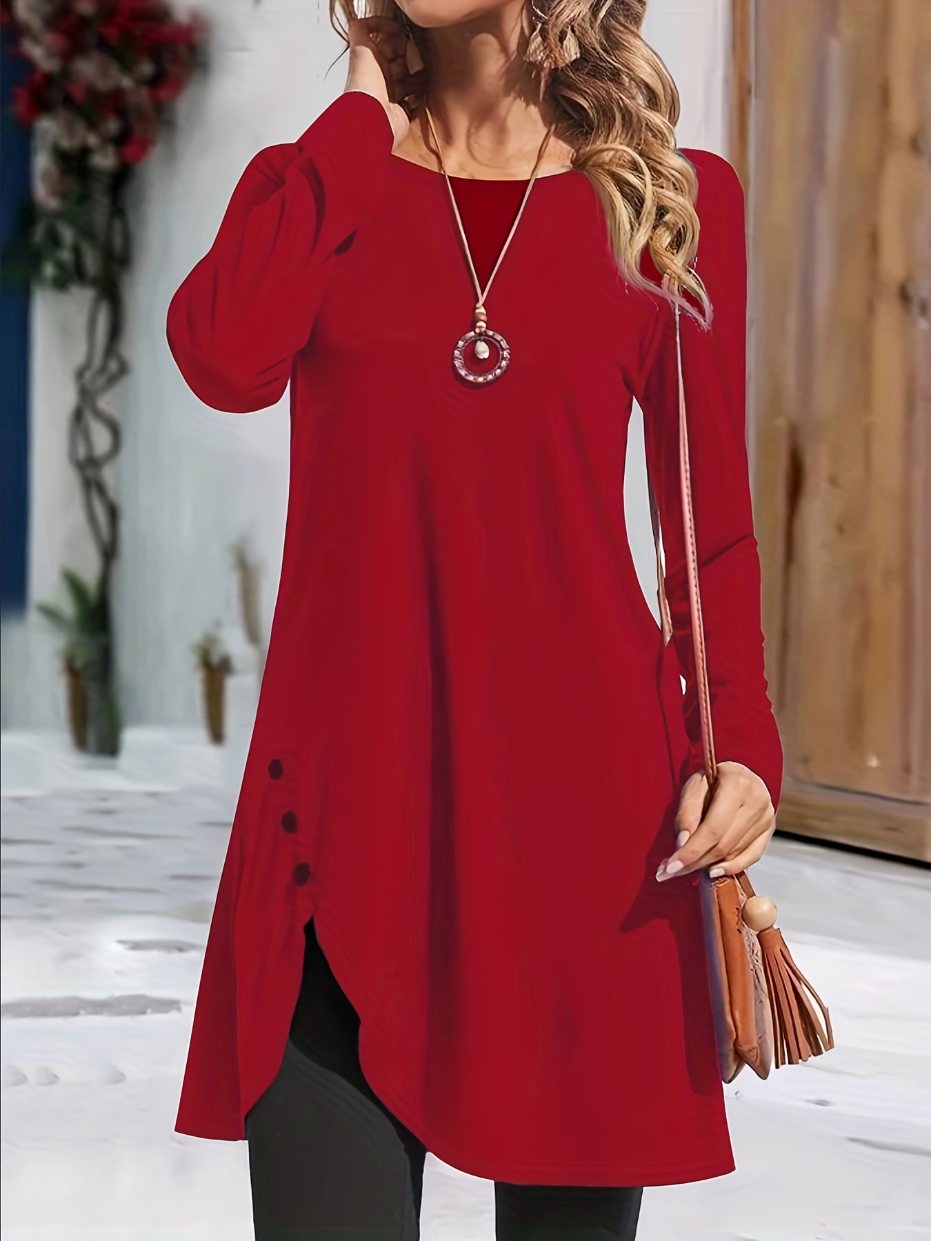 asymmetrical hem solid dress casual crew neck long sleeve dress with buttons womens clothing details 10