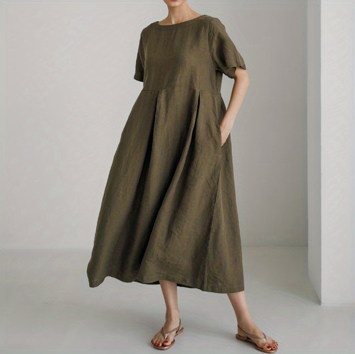 solid loose crew neck dress casual pleated short sleeve midi dress womens clothing details 10