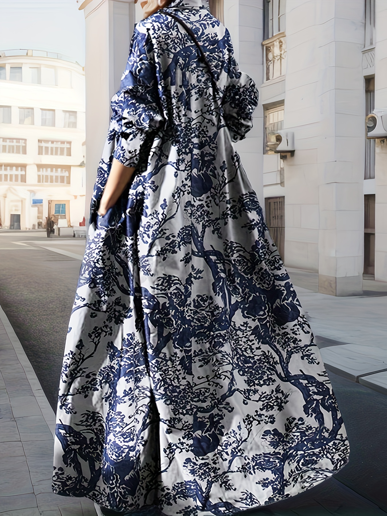 Vintage Graphic Print V-neck Dress, Elegant Long Sleeve Maxi Dress For Spring & Fall, Women s Clothing details 1