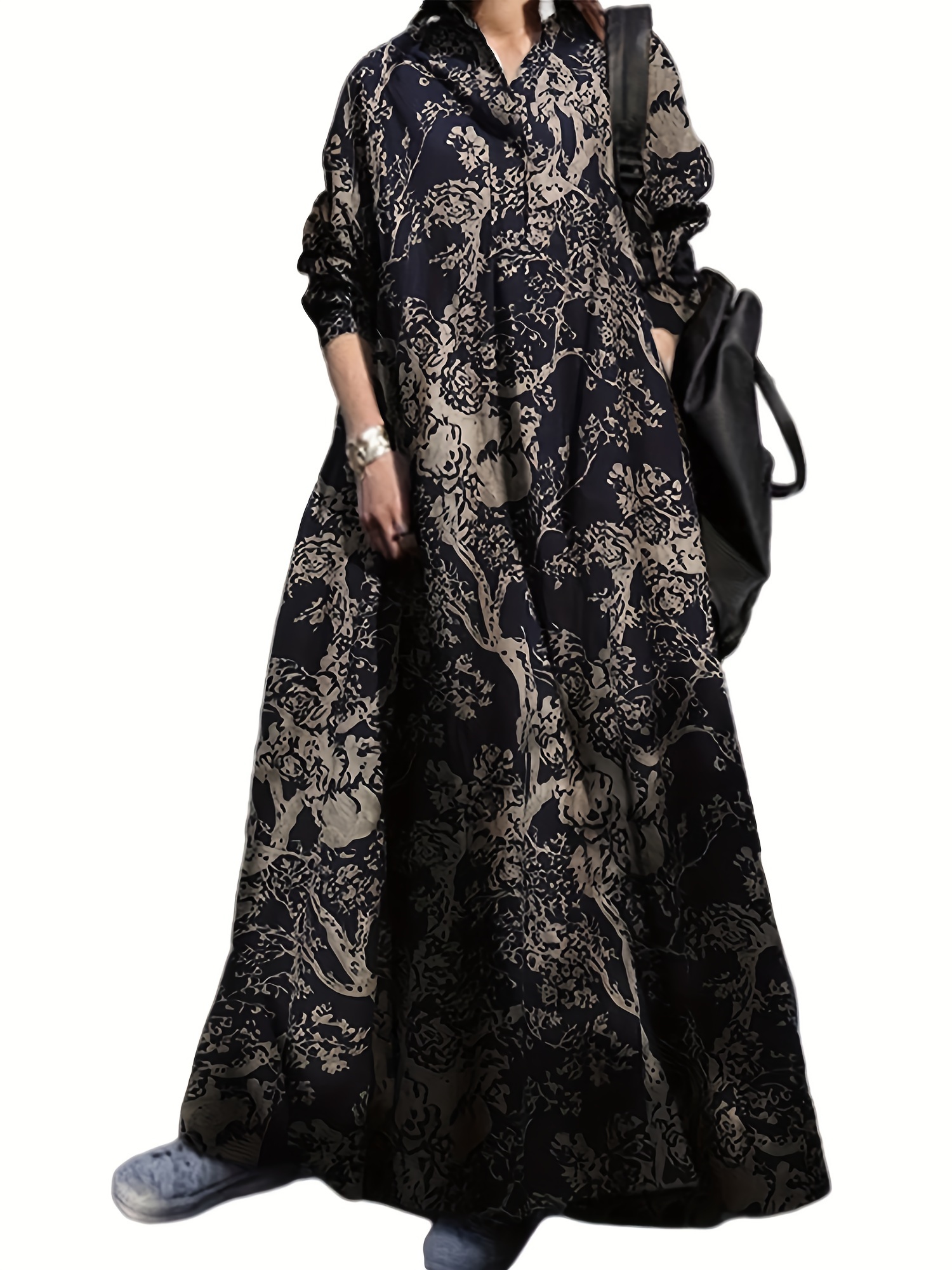 Vintage Graphic Print V-neck Dress, Elegant Long Sleeve Maxi Dress For Spring & Fall, Women s Clothing details 7