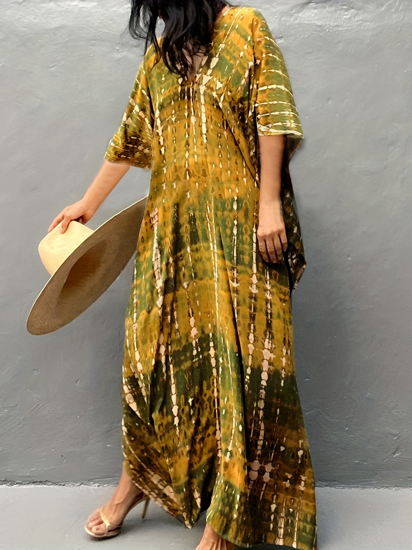 v neck oversized kaftan dress bohemian loose beach vacation dress womens clothing details 2