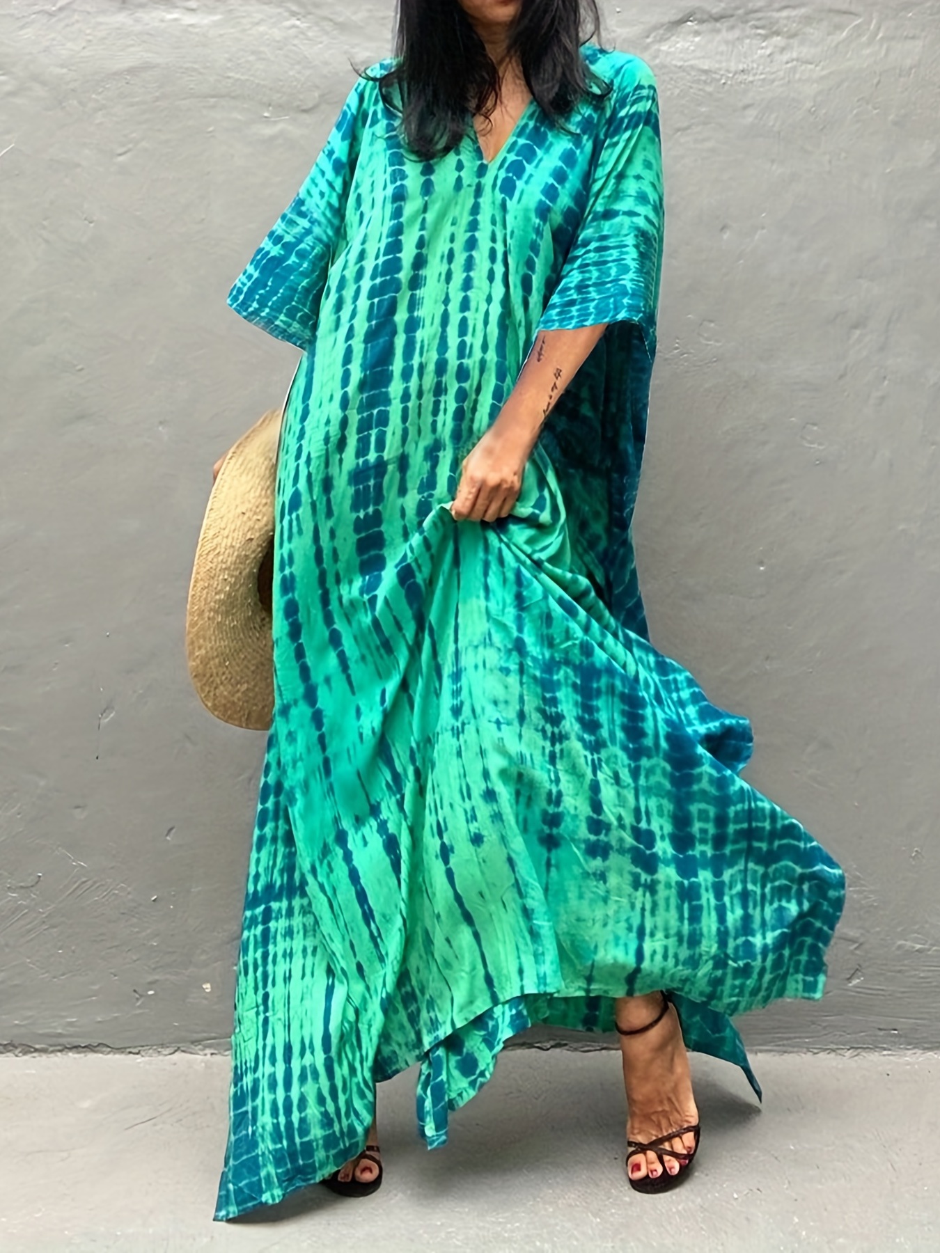 v neck oversized kaftan dress bohemian loose beach vacation dress womens clothing details 5