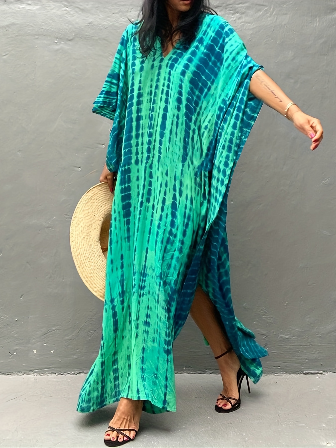 v neck oversized kaftan dress bohemian loose beach vacation dress womens clothing details 6