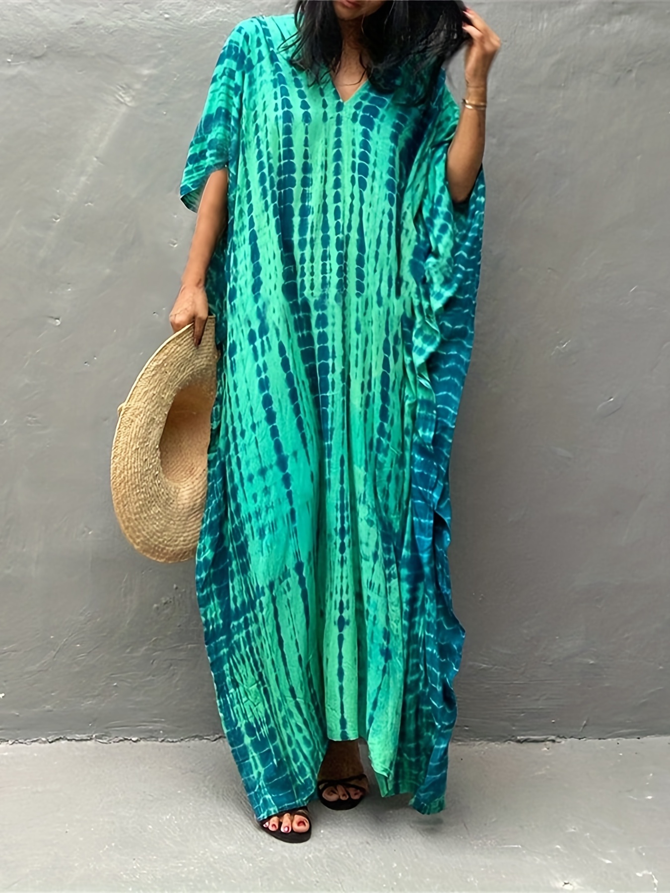 v neck oversized kaftan dress bohemian loose beach vacation dress womens clothing details 7