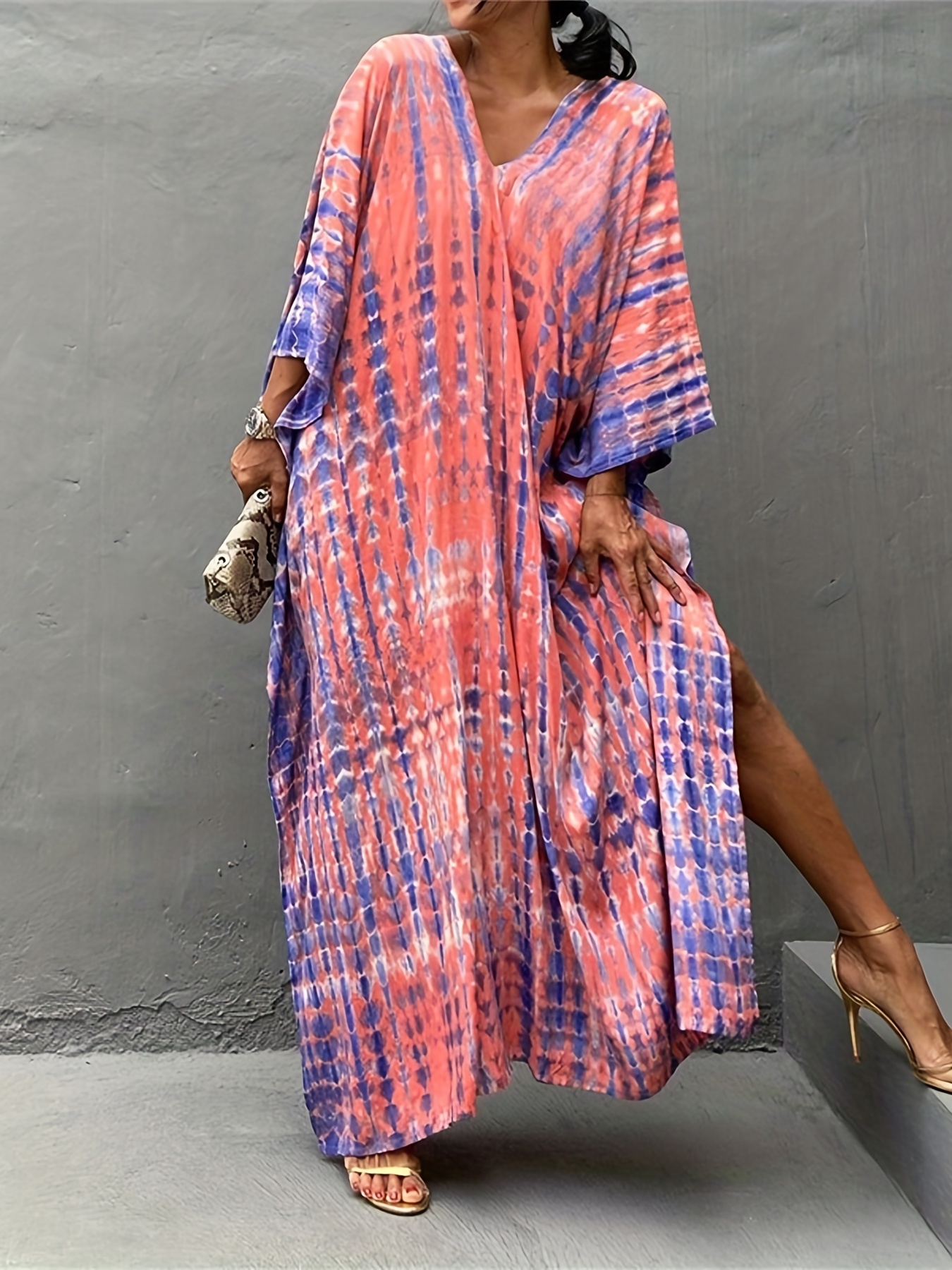 v neck oversized kaftan dress bohemian loose beach vacation dress womens clothing details 10