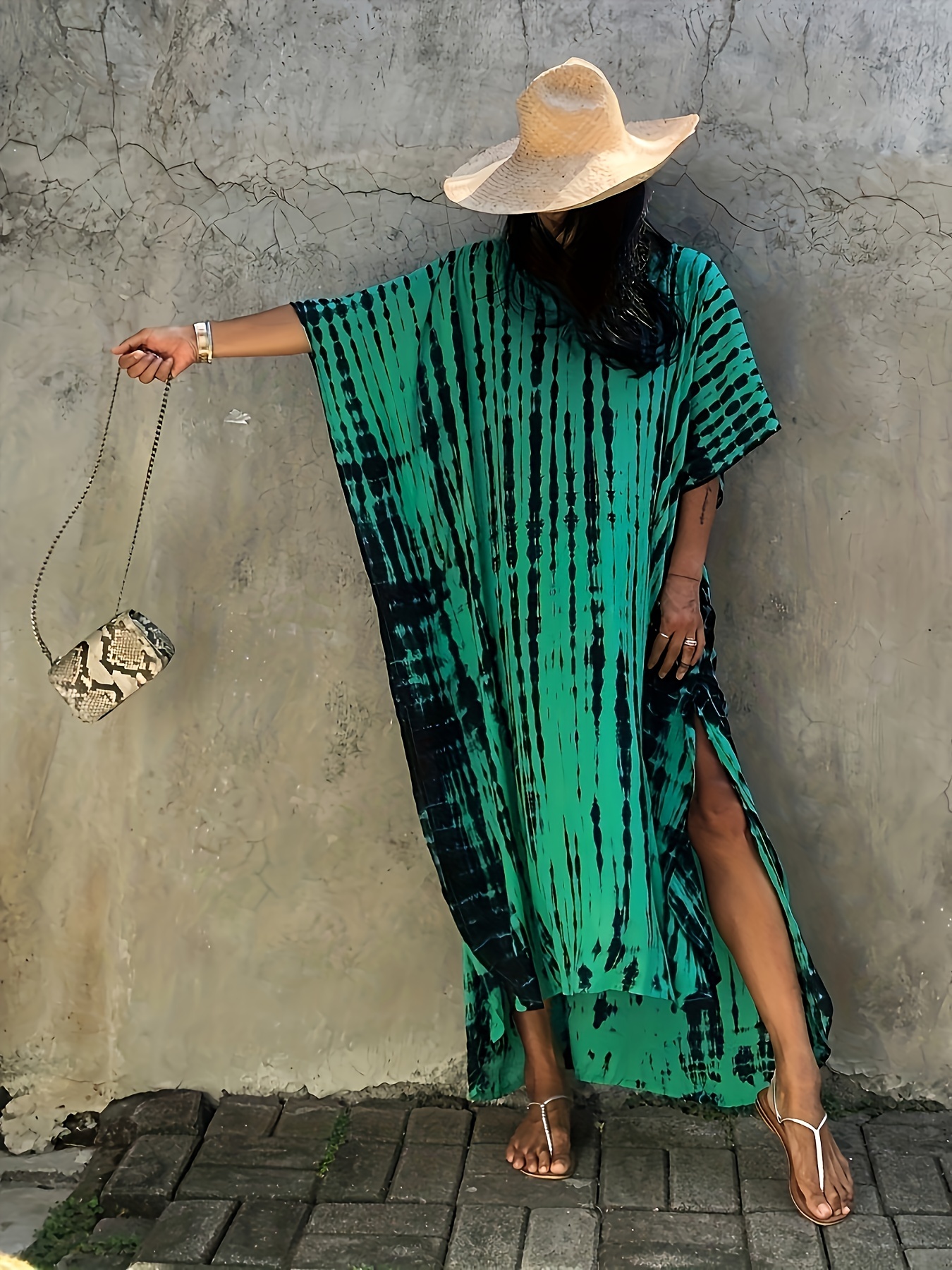 v neck oversized kaftan dress bohemian loose beach vacation dress womens clothing details 16