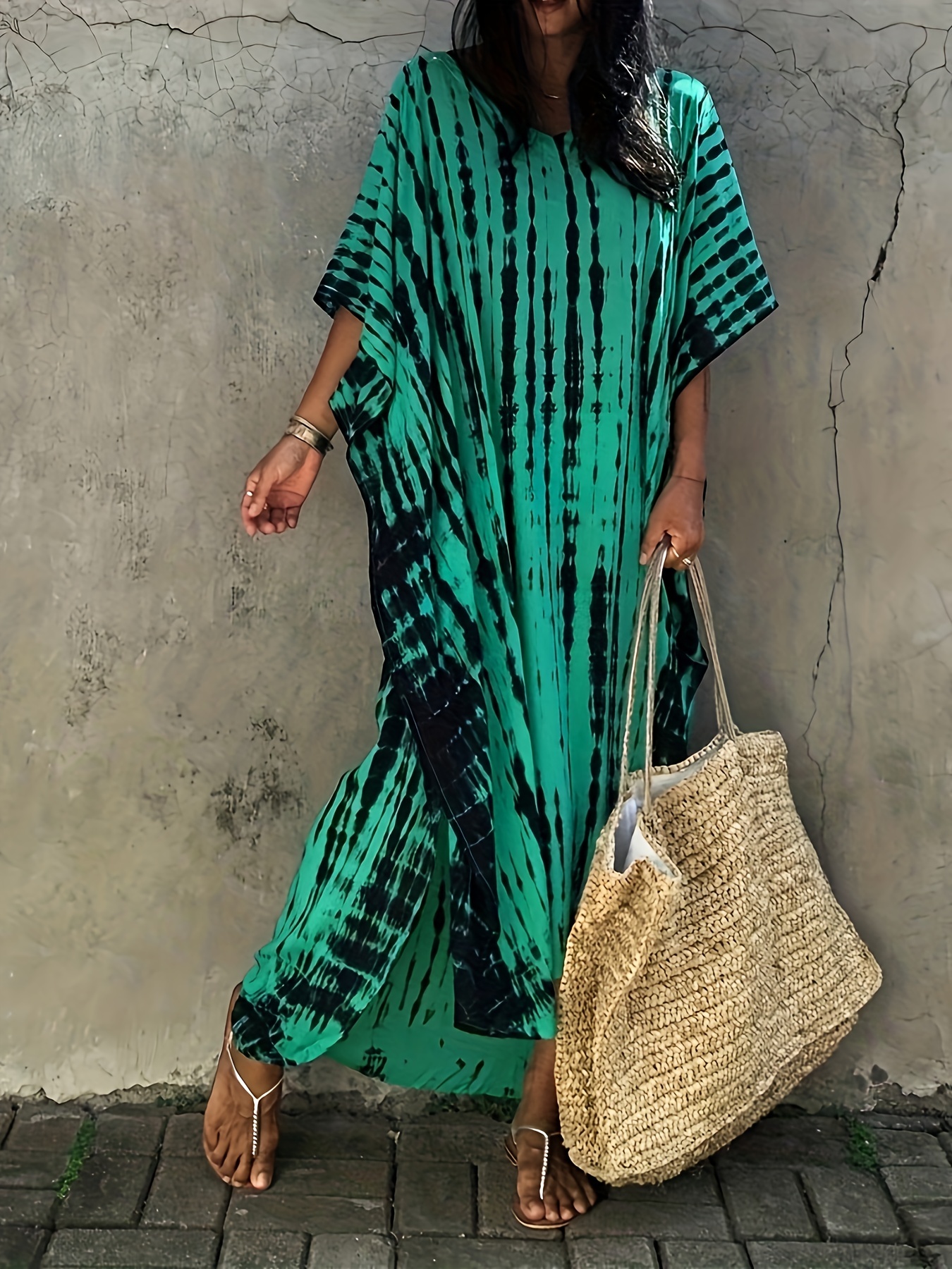 v neck oversized kaftan dress bohemian loose beach vacation dress womens clothing details 19