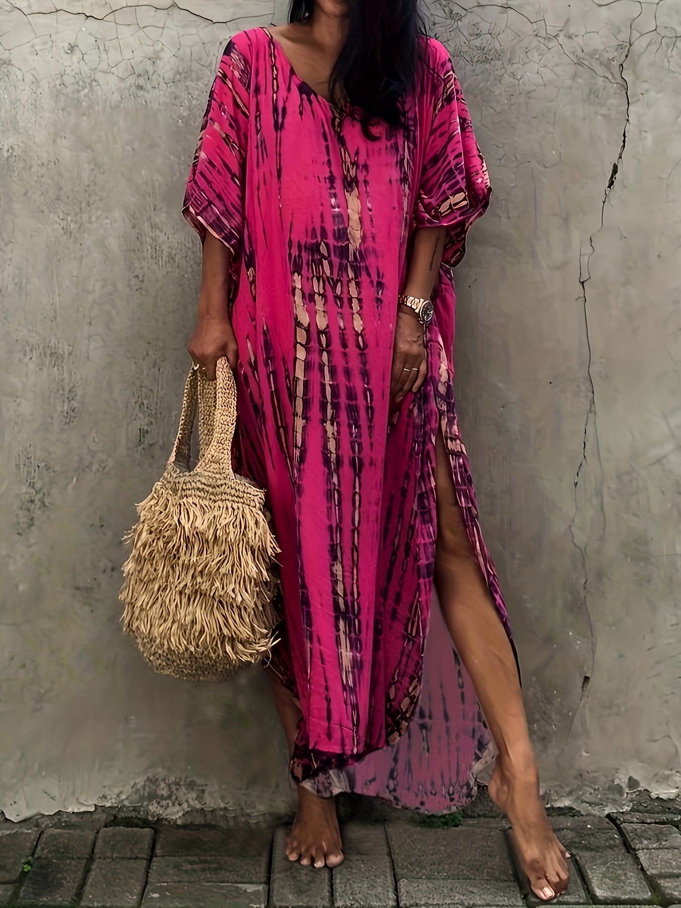 v neck oversized kaftan dress bohemian loose beach vacation dress womens clothing details 26