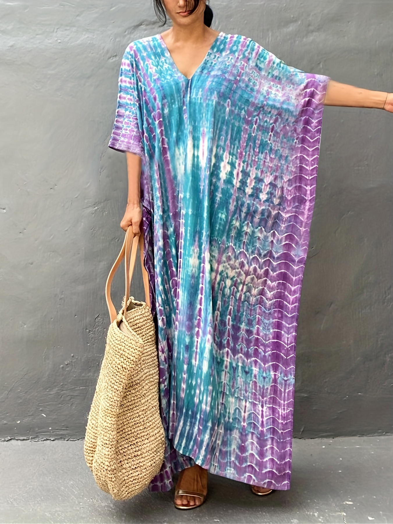 v neck oversized kaftan dress bohemian loose beach vacation dress womens clothing details 34