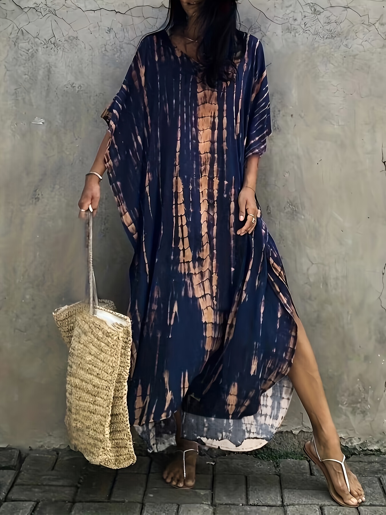 v neck oversized kaftan dress bohemian loose beach vacation dress womens clothing details 41