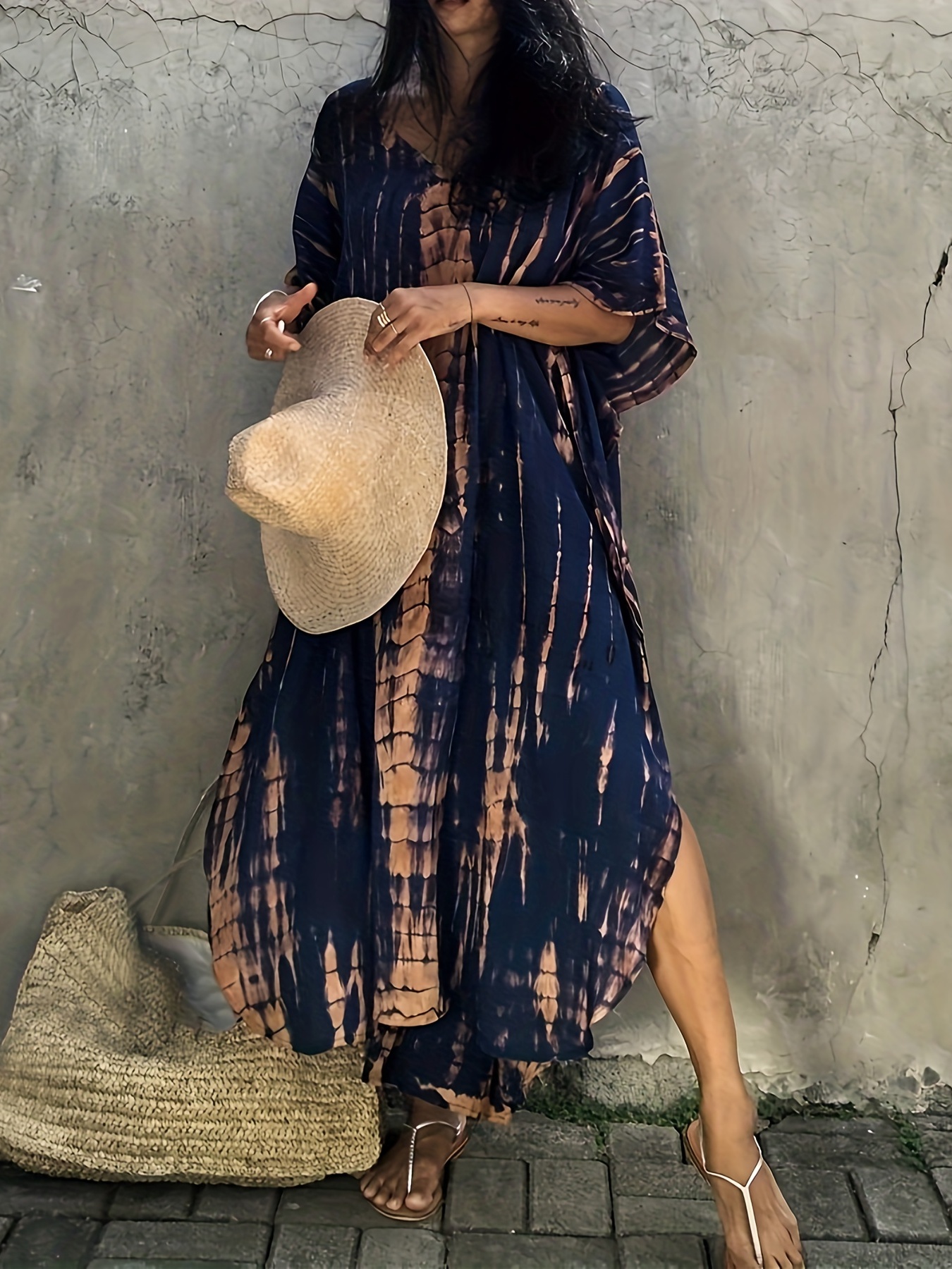 v neck oversized kaftan dress bohemian loose beach vacation dress womens clothing details 45