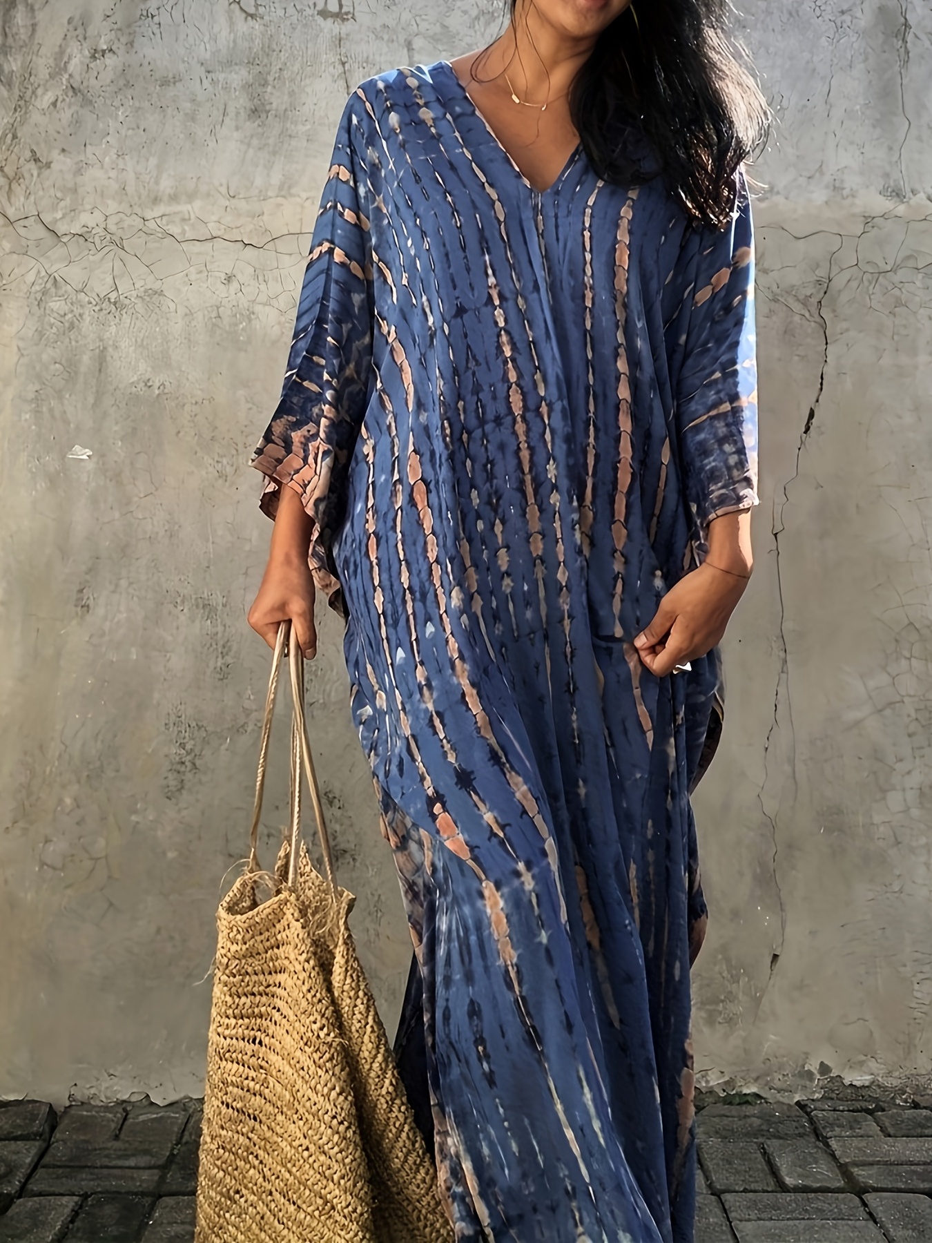 v neck oversized kaftan dress bohemian loose beach vacation dress womens clothing details 56