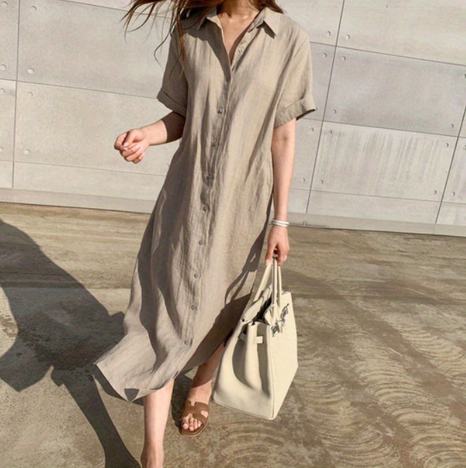 solid button front dress casual short sleeve maxi dress with a collar womens clothing details 0