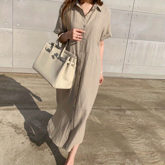 solid button front dress casual short sleeve maxi dress with a collar womens clothing details 3