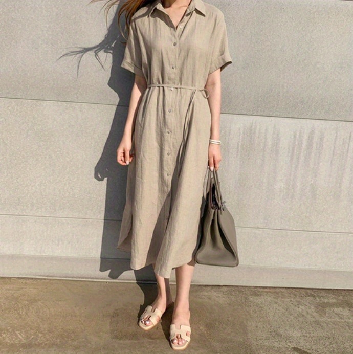 solid button front dress casual short sleeve maxi dress with a collar womens clothing details 4