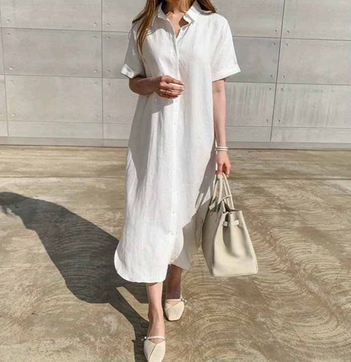 solid button front dress casual short sleeve maxi dress with a collar womens clothing details 8