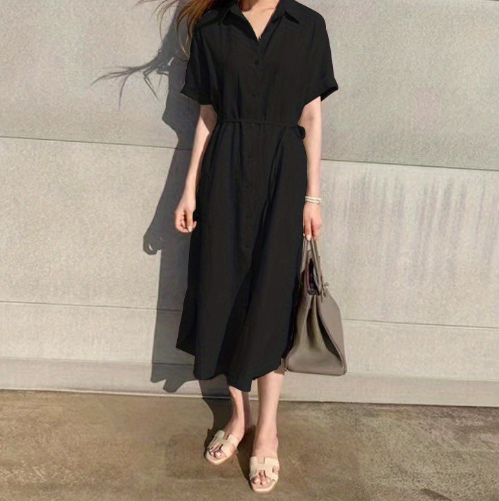 solid button front dress casual short sleeve maxi dress with a collar womens clothing details 10