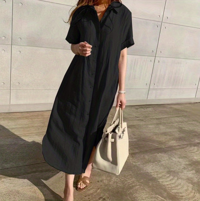 solid button front dress casual short sleeve maxi dress with a collar womens clothing details 11