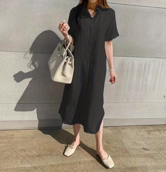 solid button front dress casual short sleeve maxi dress with a collar womens clothing details 12