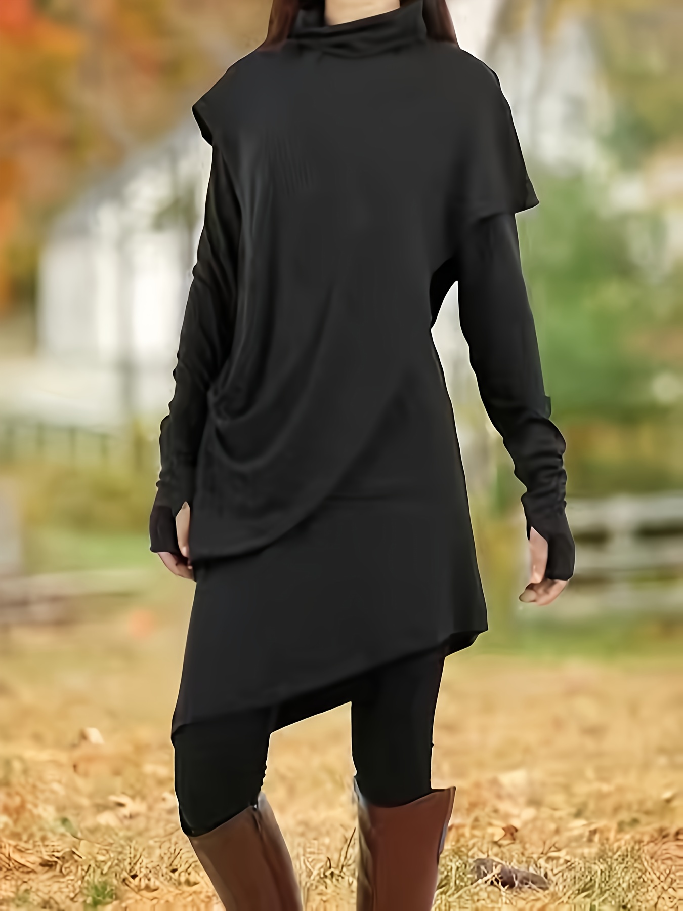 stylish mock neck dress casual long sleeve irregular hem dress womens clothing details 0