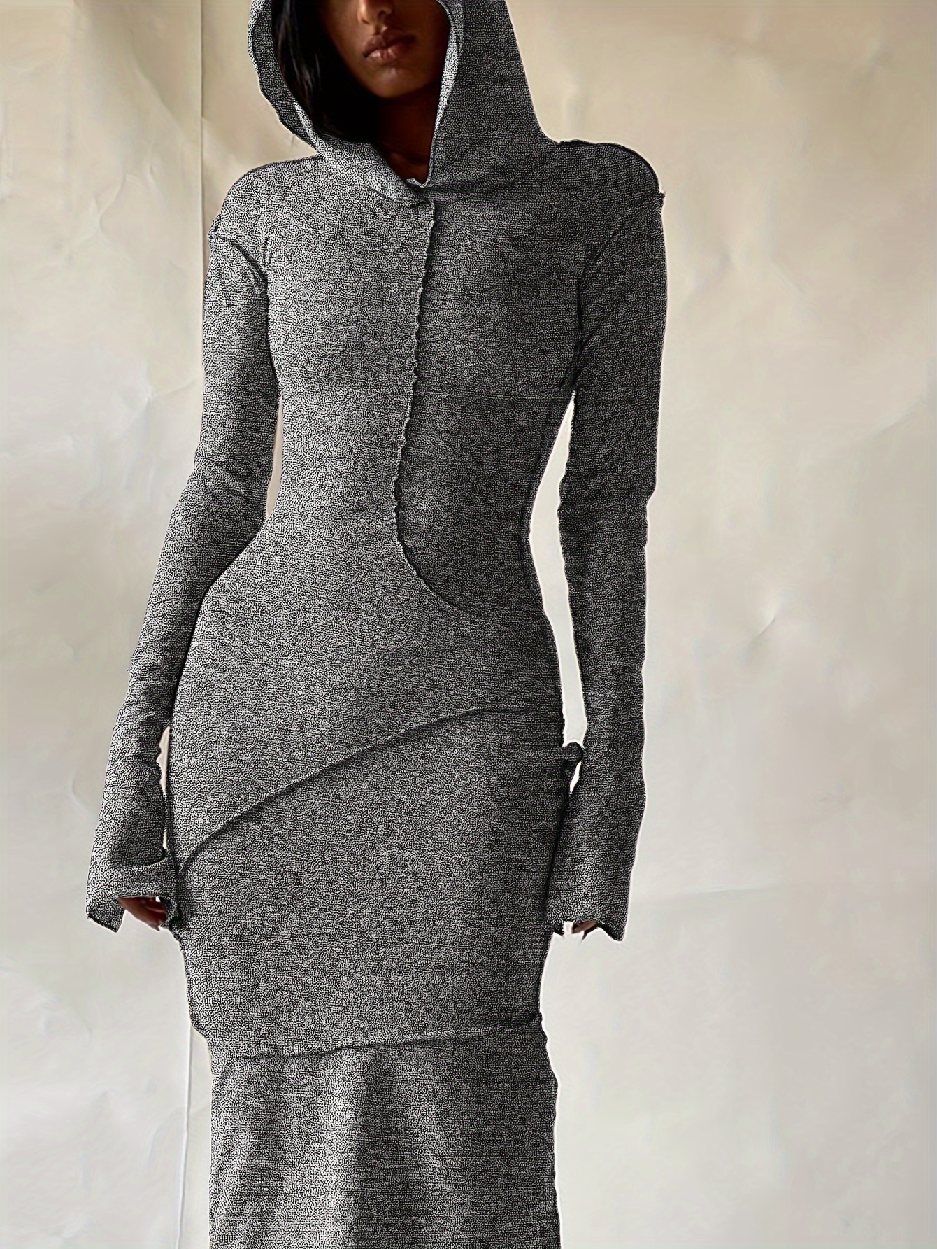 stitching hooded dress casual long sleeve maxi dress womens clothing details 6