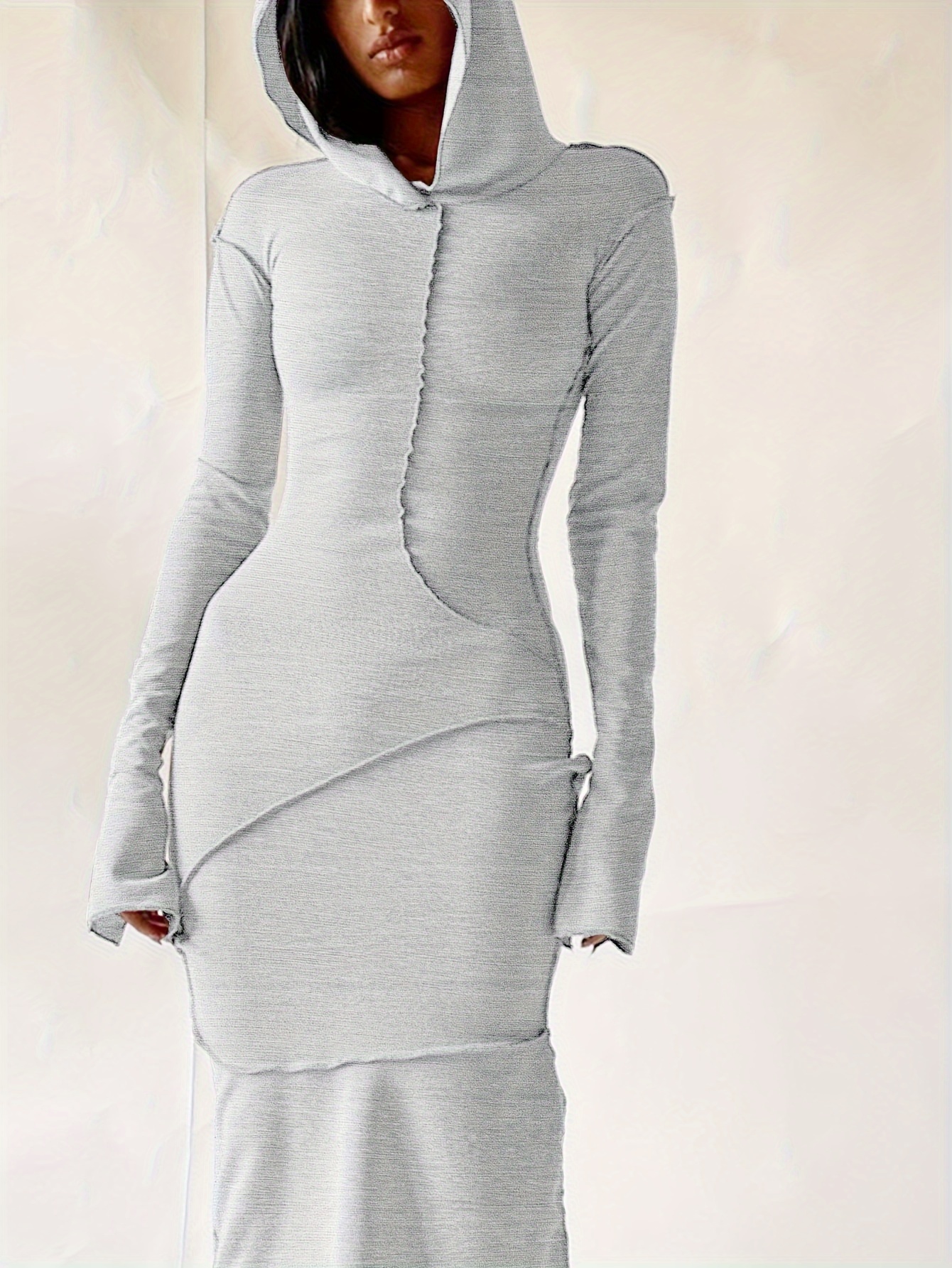 stitching hooded dress casual long sleeve maxi dress womens clothing details 28