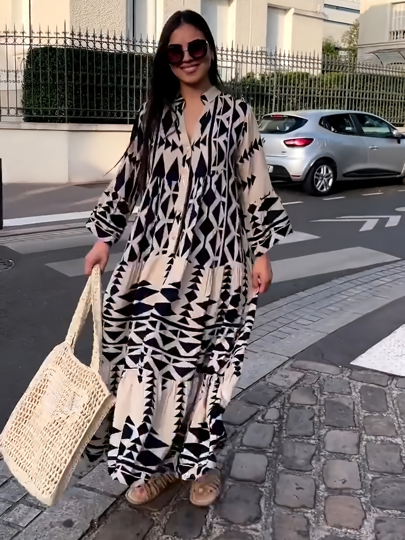 geometric print loose dress long sleeve v neck ankle dress casual every day dress womens clothing details 0