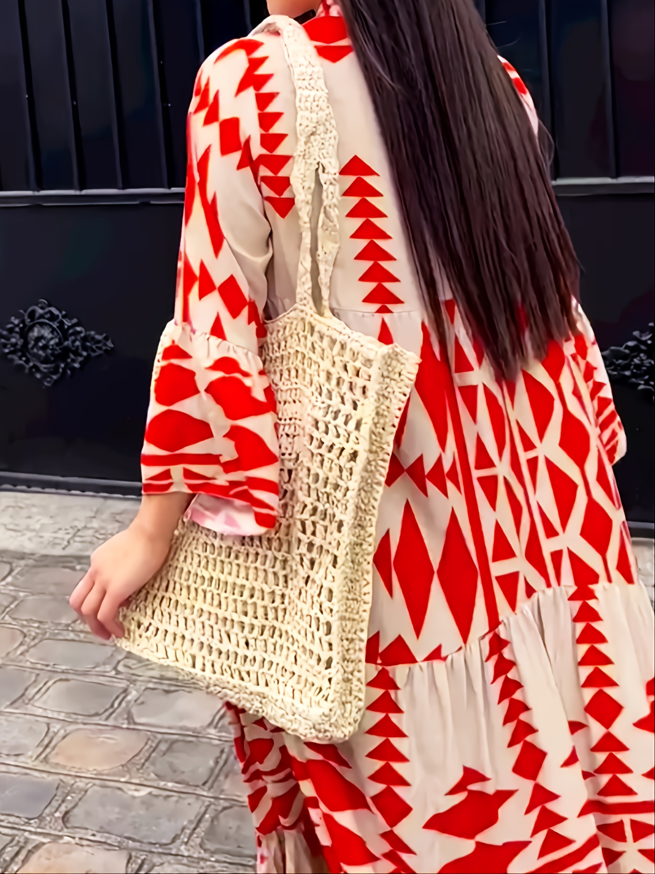 geometric print loose dress long sleeve v neck ankle dress casual every day dress womens clothing details 12