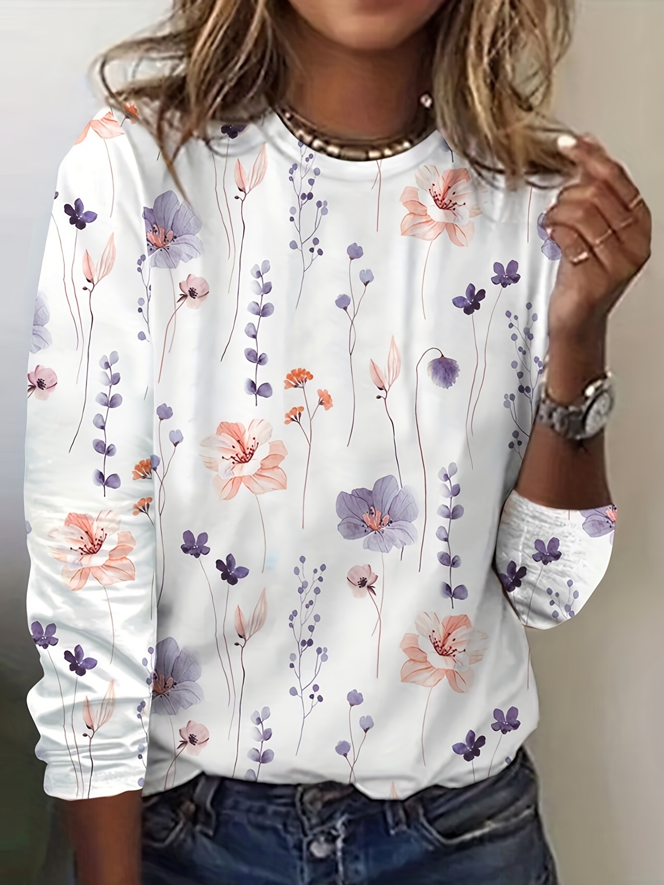 floral print crew neck t shirt casual long sleeve t shirt for spring fall womens clothing details 0