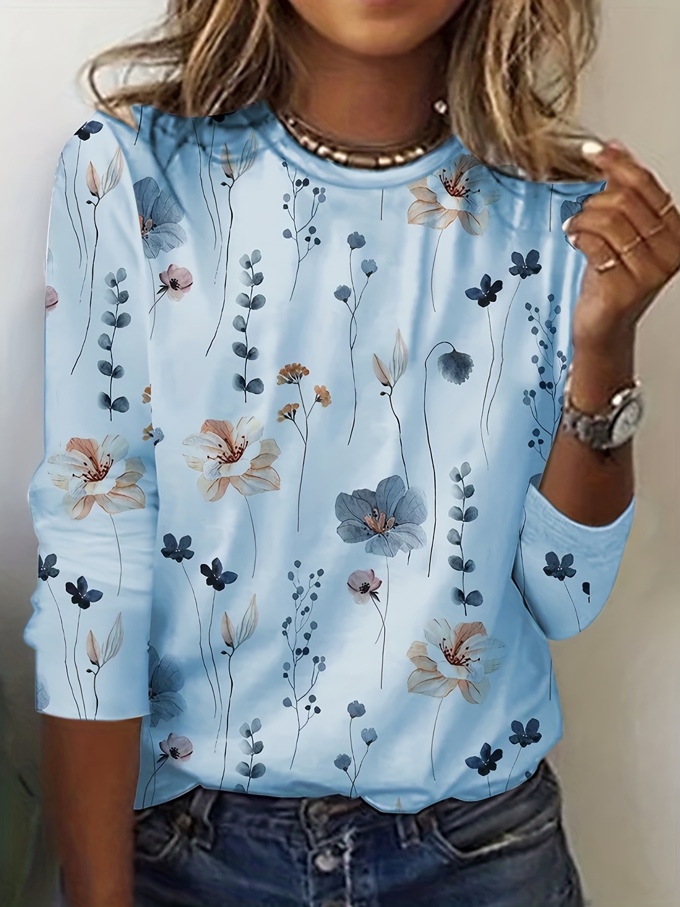 floral print crew neck t shirt casual long sleeve t shirt for spring fall womens clothing details 10