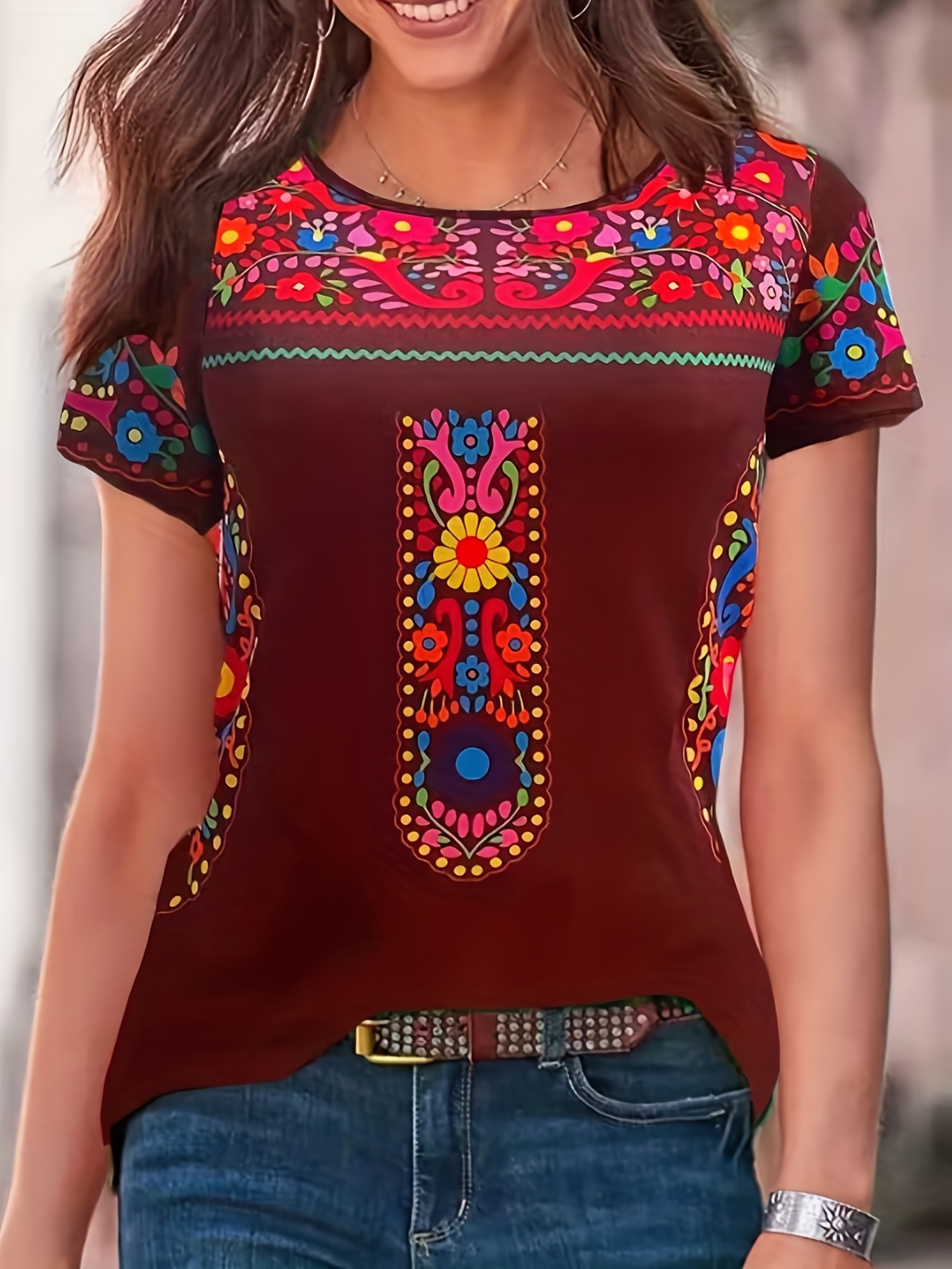 floral print ethnic t shirt boho crew neck short sleeve summer t shirt womens clothing details 0