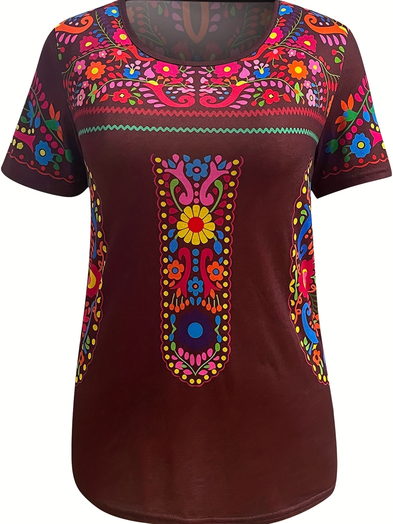 floral print ethnic t shirt boho crew neck short sleeve summer t shirt womens clothing details 2