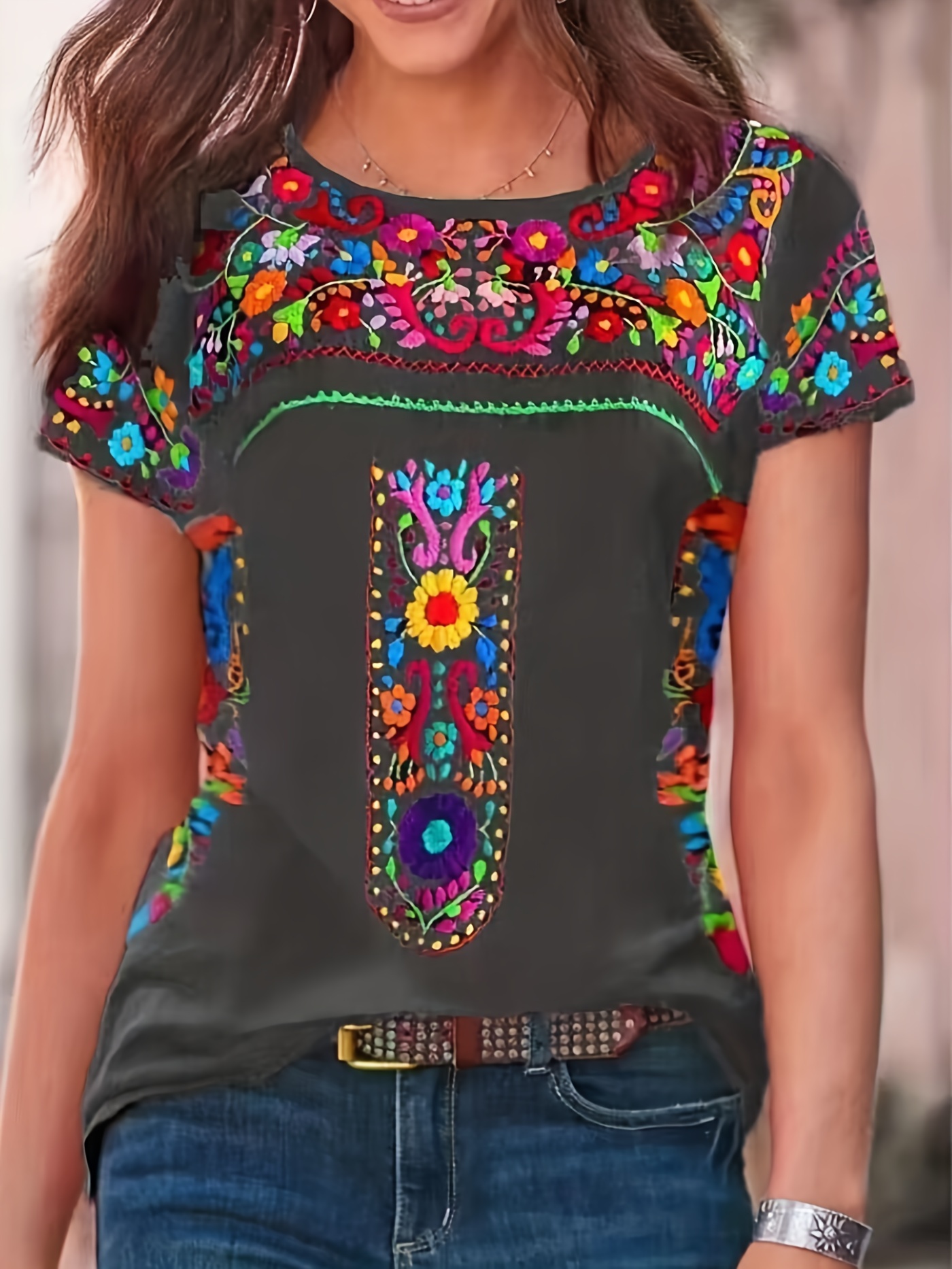 floral print ethnic t shirt boho crew neck short sleeve summer t shirt womens clothing details 3