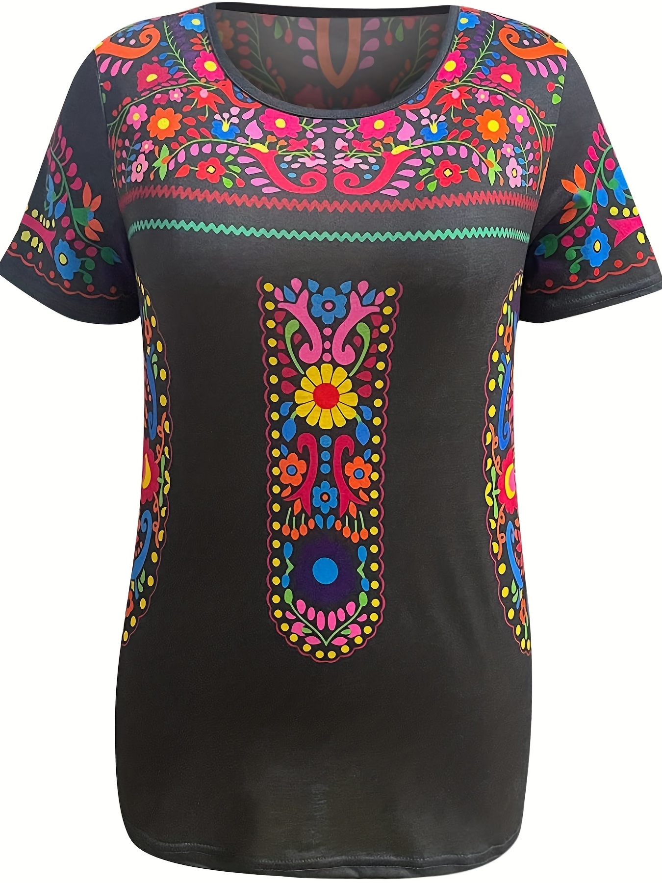 floral print ethnic t shirt boho crew neck short sleeve summer t shirt womens clothing details 5