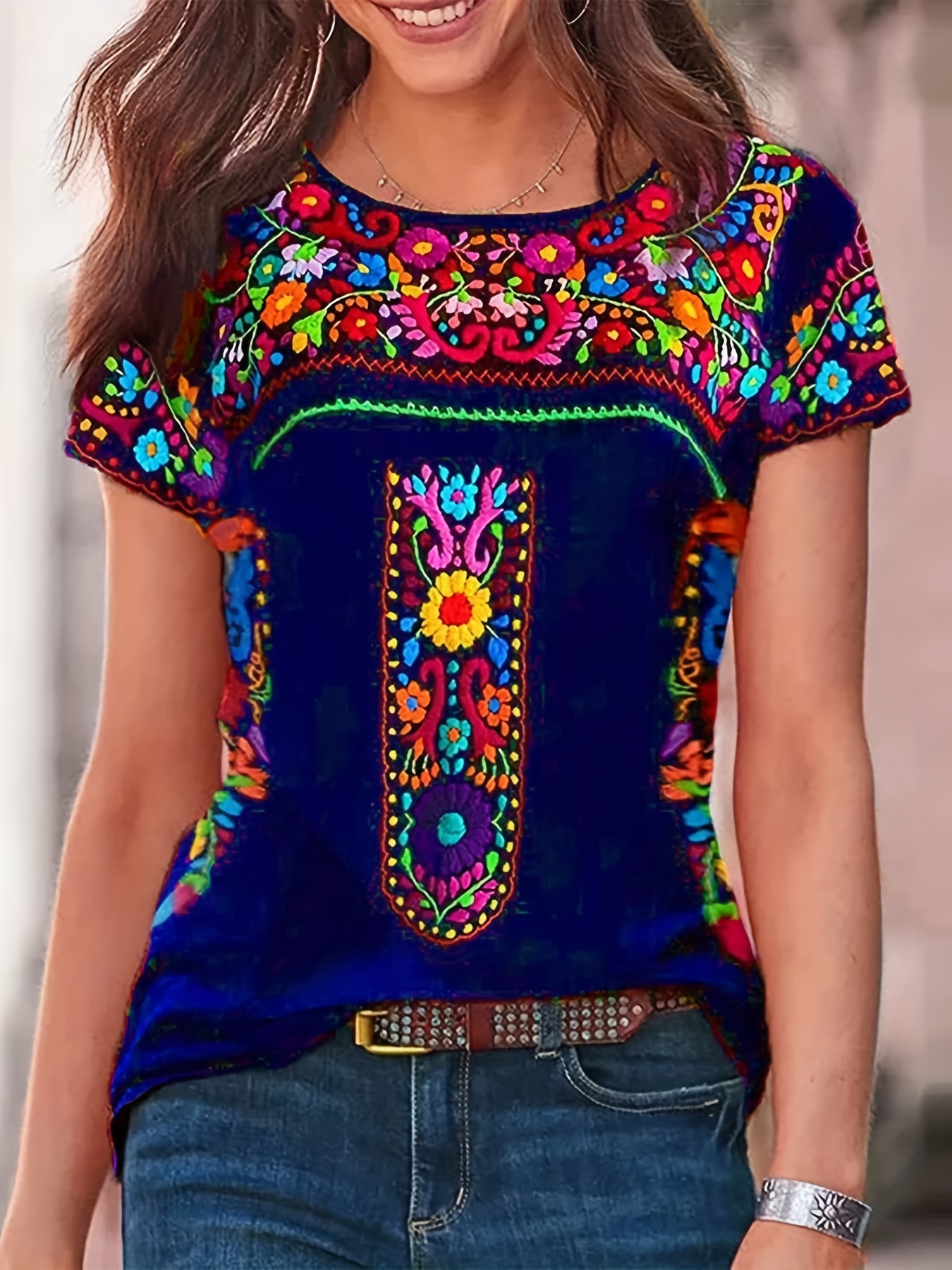 floral print ethnic t shirt boho crew neck short sleeve summer t shirt womens clothing details 8