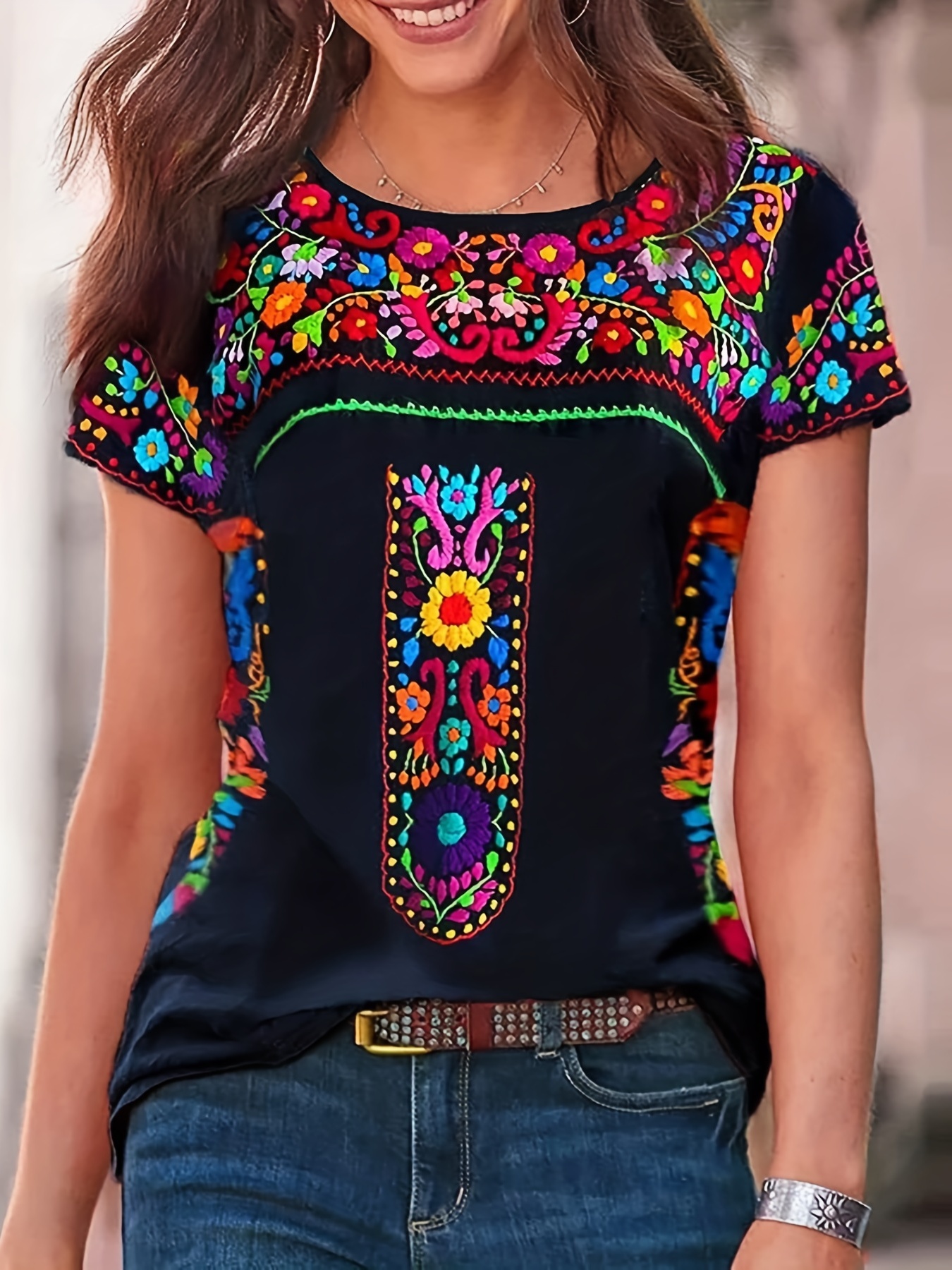 floral print ethnic t shirt boho crew neck short sleeve summer t shirt womens clothing details 14