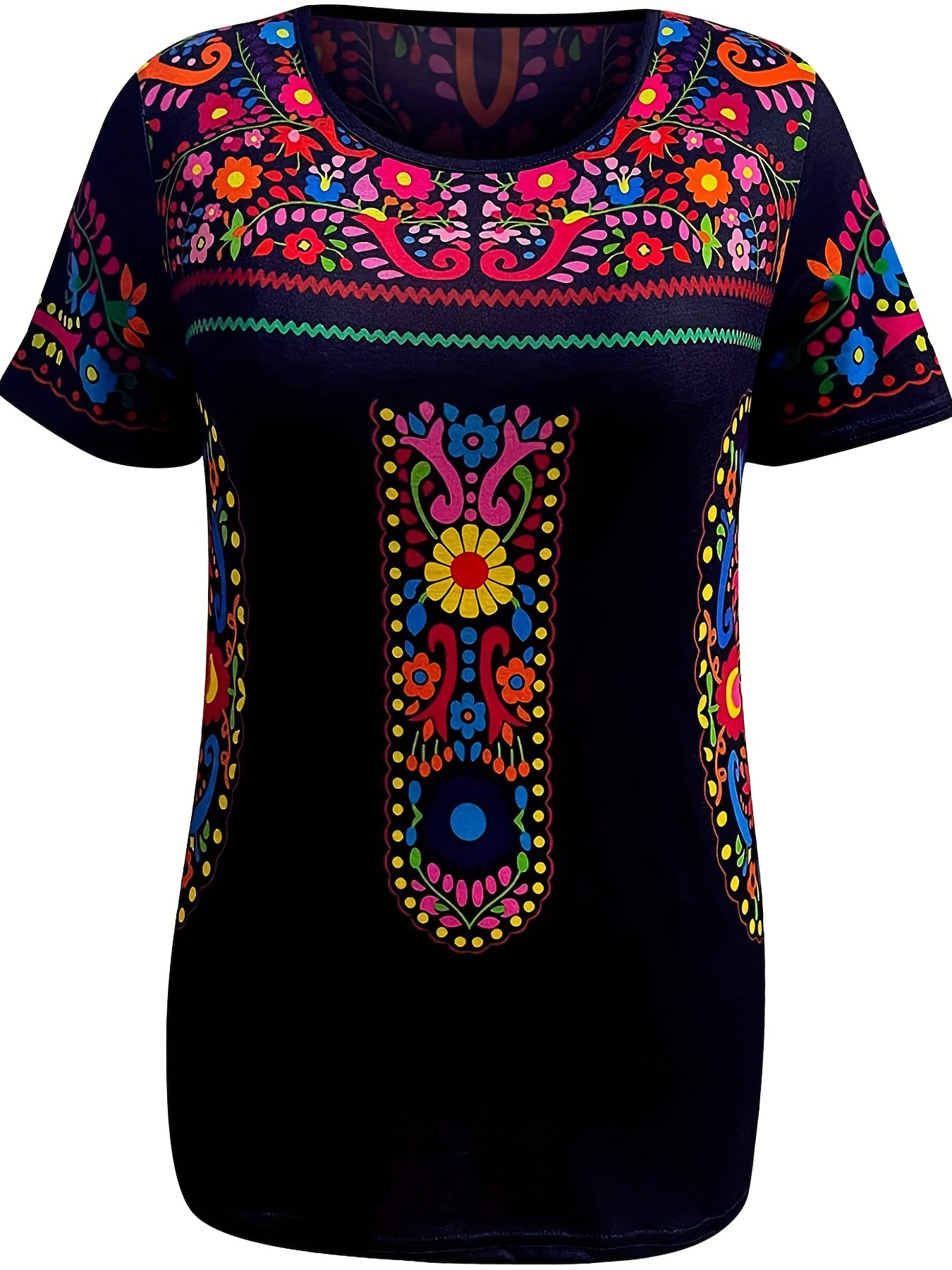 floral print ethnic t shirt boho crew neck short sleeve summer t shirt womens clothing details 15