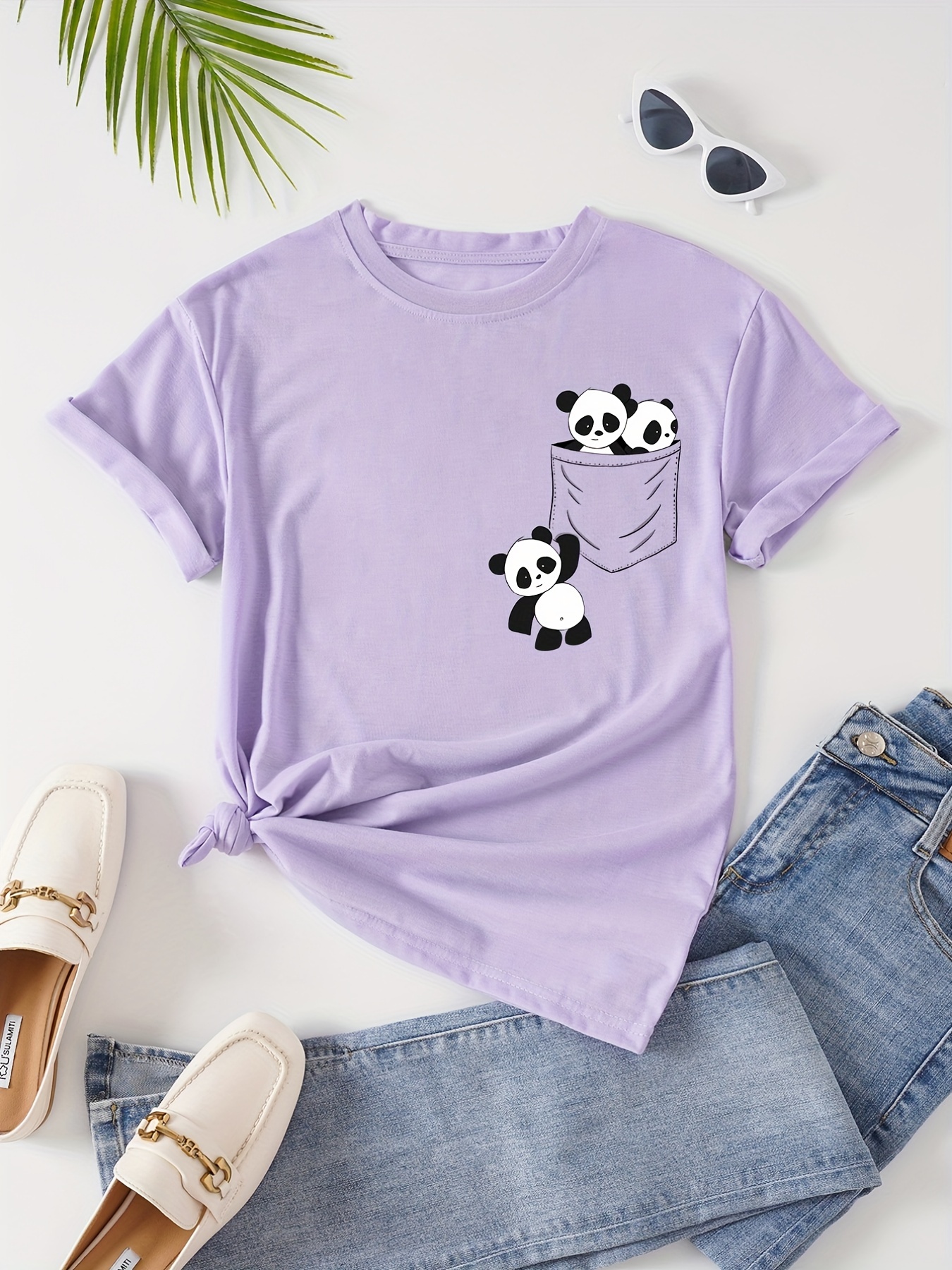 panda print crew neck t shirt casual short sleeve t shirt for spring summer womens clothing details 0