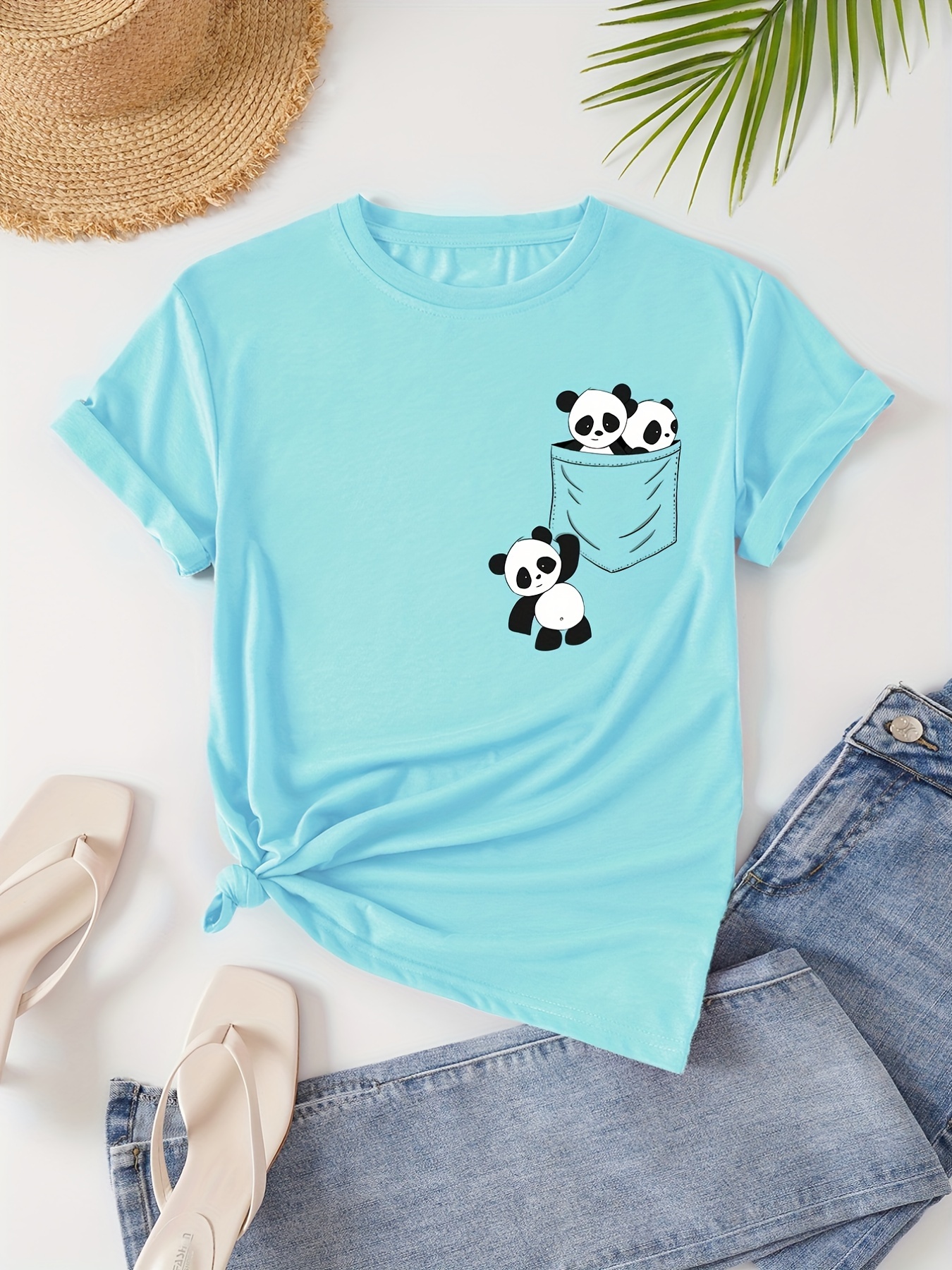 panda print crew neck t shirt casual short sleeve t shirt for spring summer womens clothing details 5