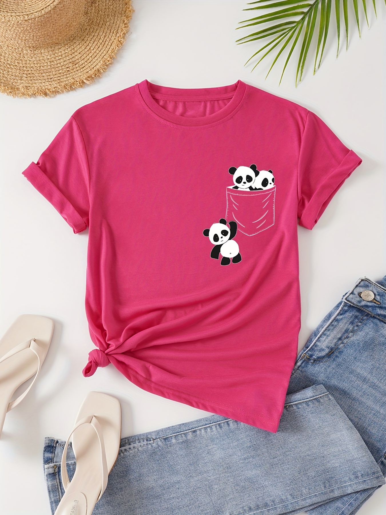 panda print crew neck t shirt casual short sleeve t shirt for spring summer womens clothing details 10