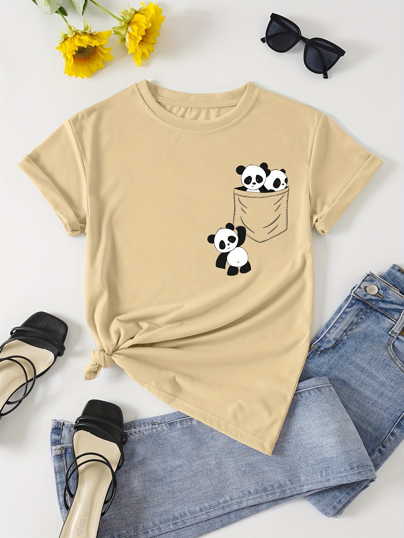 panda print crew neck t shirt casual short sleeve t shirt for spring summer womens clothing details 15