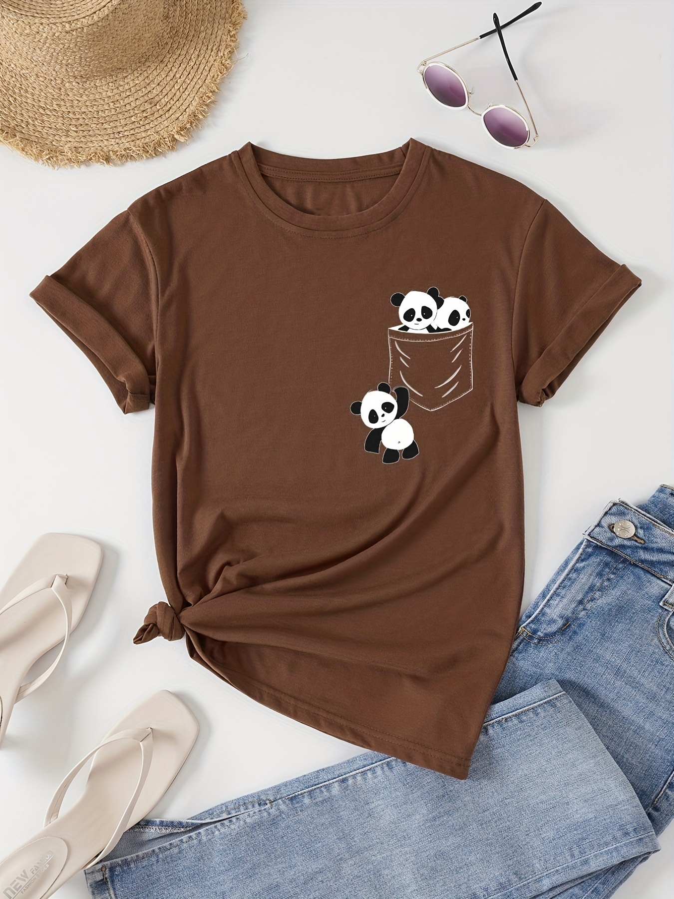 panda print crew neck t shirt casual short sleeve t shirt for spring summer womens clothing details 21