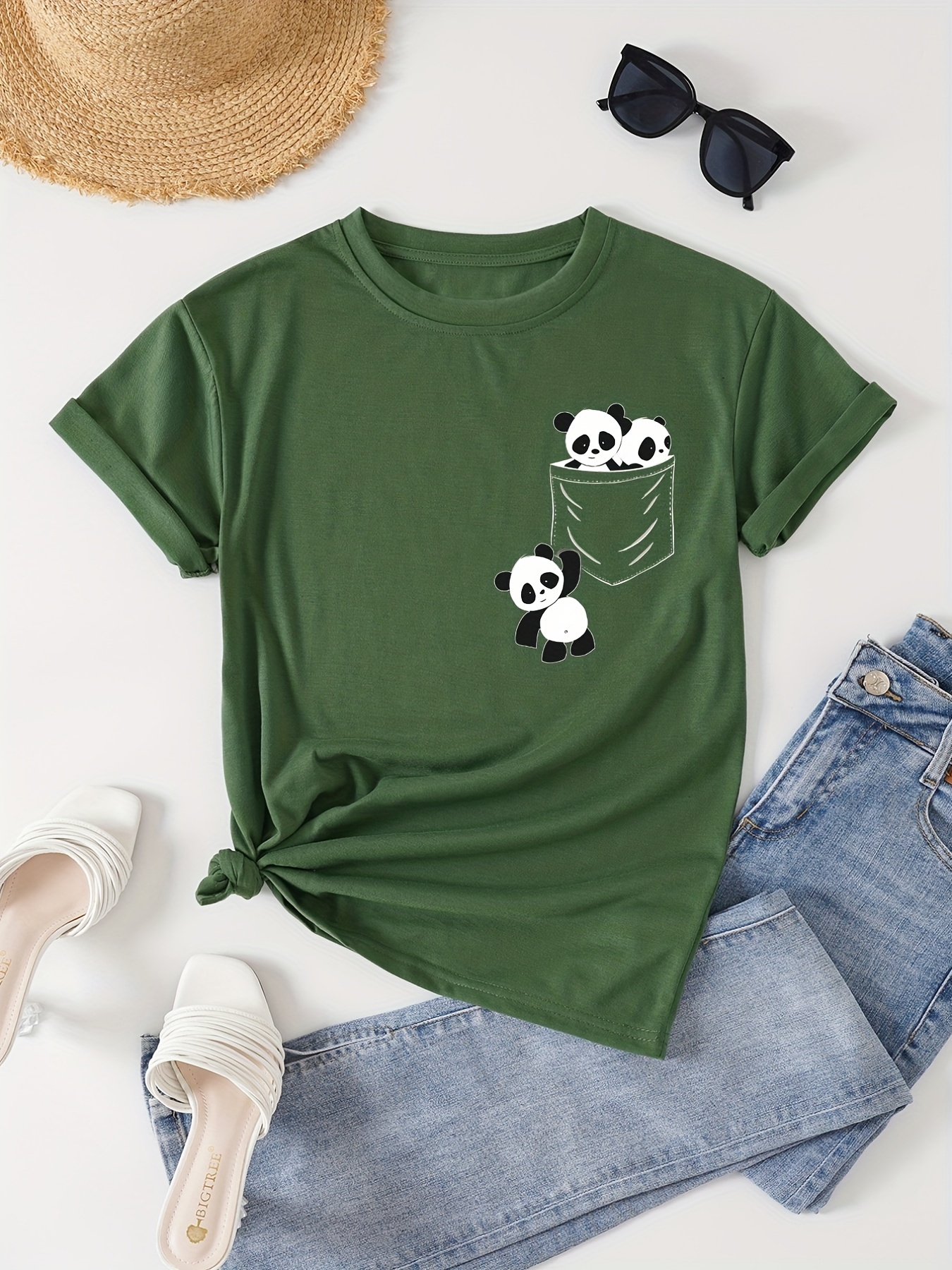 panda print crew neck t shirt casual short sleeve t shirt for spring summer womens clothing details 26