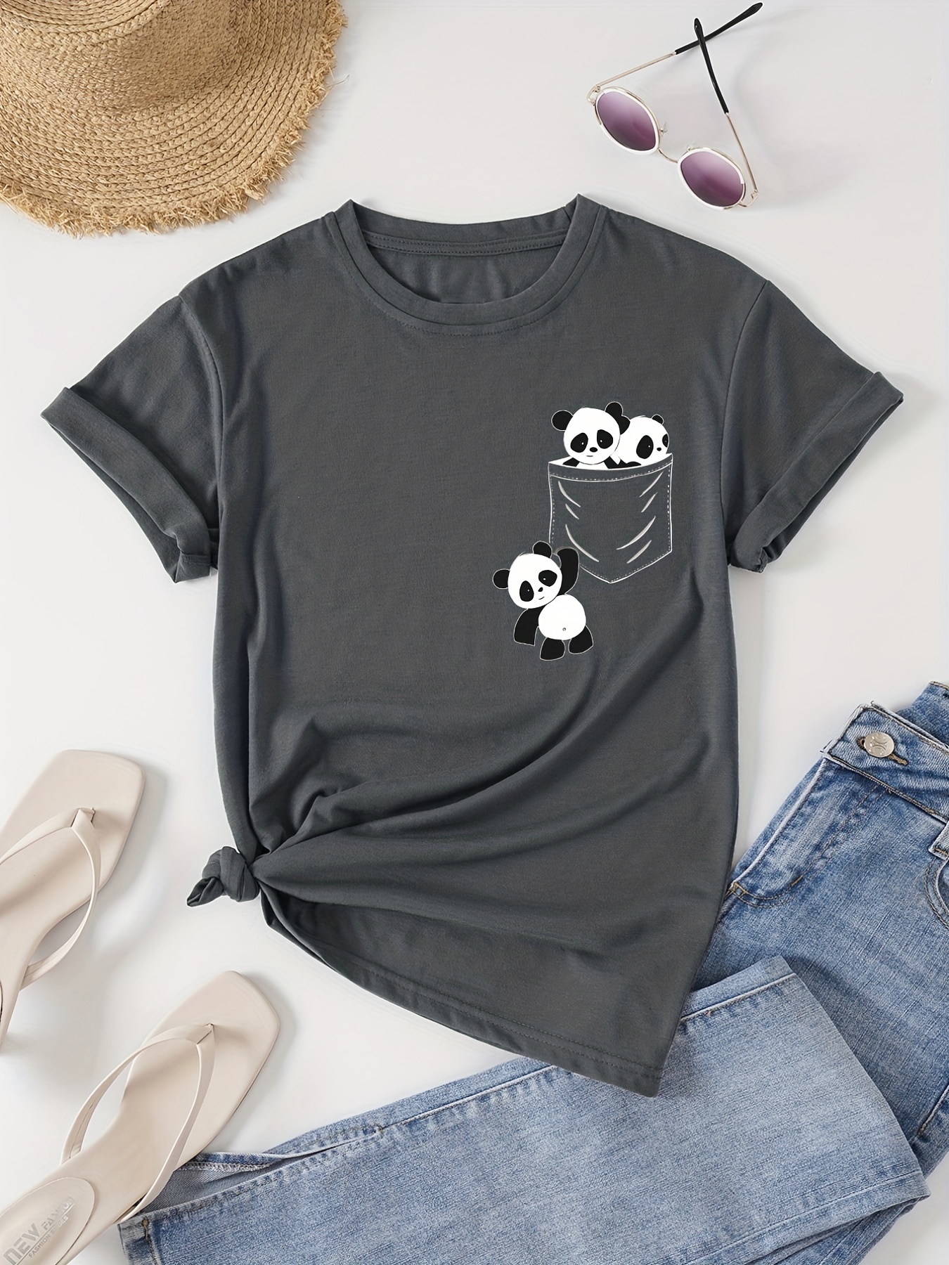 panda print crew neck t shirt casual short sleeve t shirt for spring summer womens clothing details 31