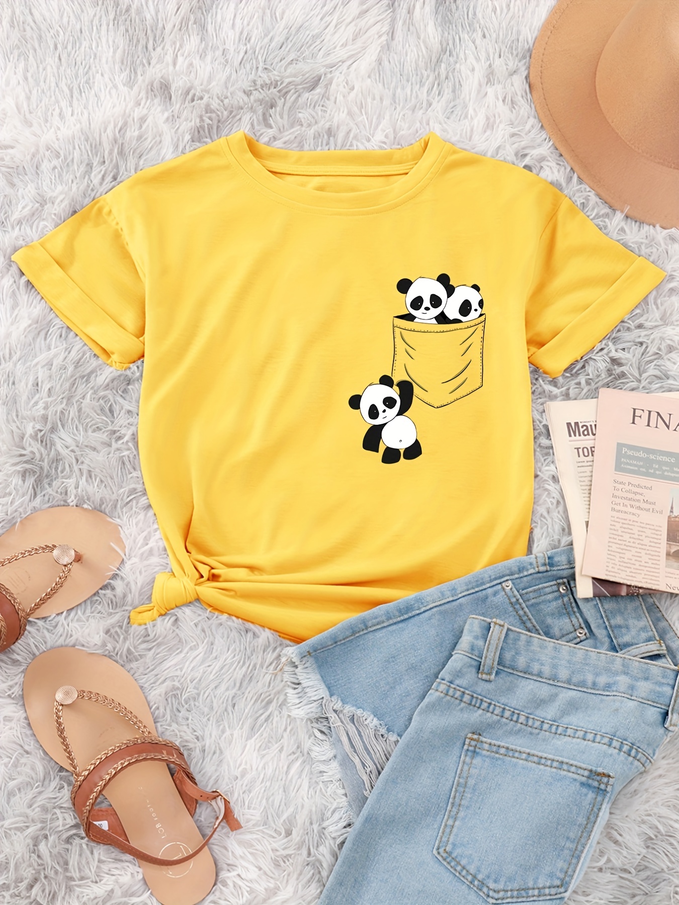 panda print crew neck t shirt casual short sleeve t shirt for spring summer womens clothing details 36