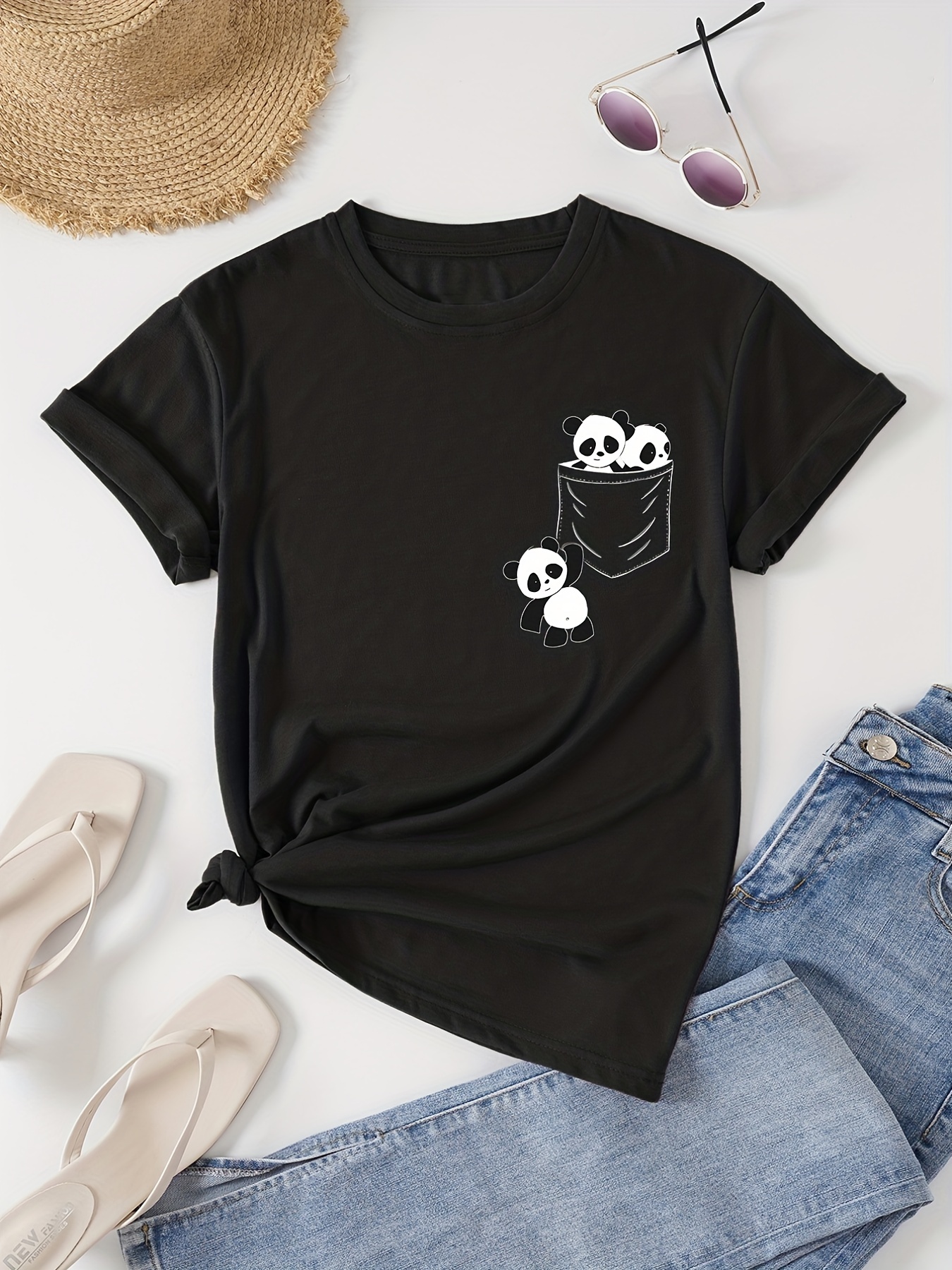 panda print crew neck t shirt casual short sleeve t shirt for spring summer womens clothing details 41