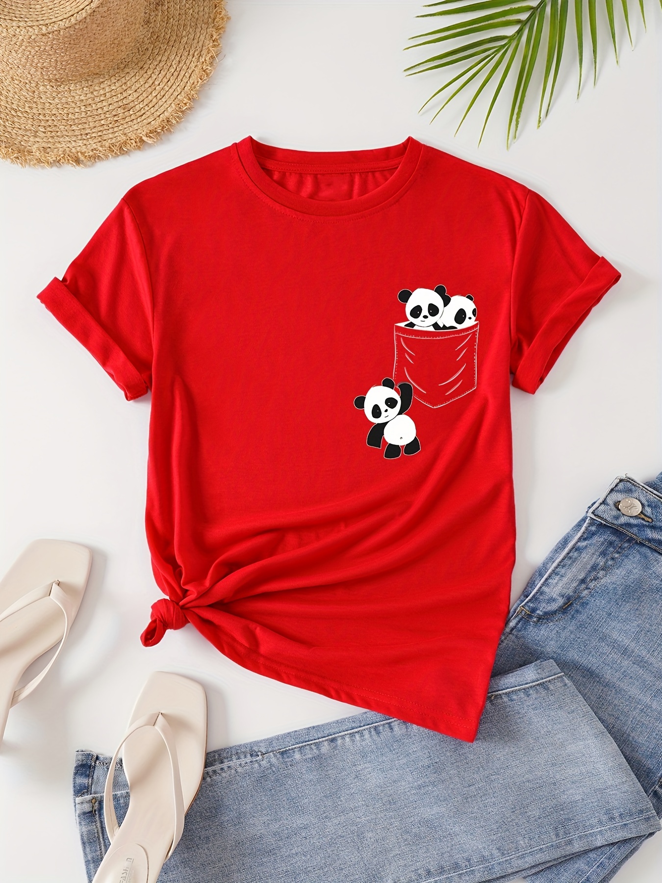 panda print crew neck t shirt casual short sleeve t shirt for spring summer womens clothing details 46