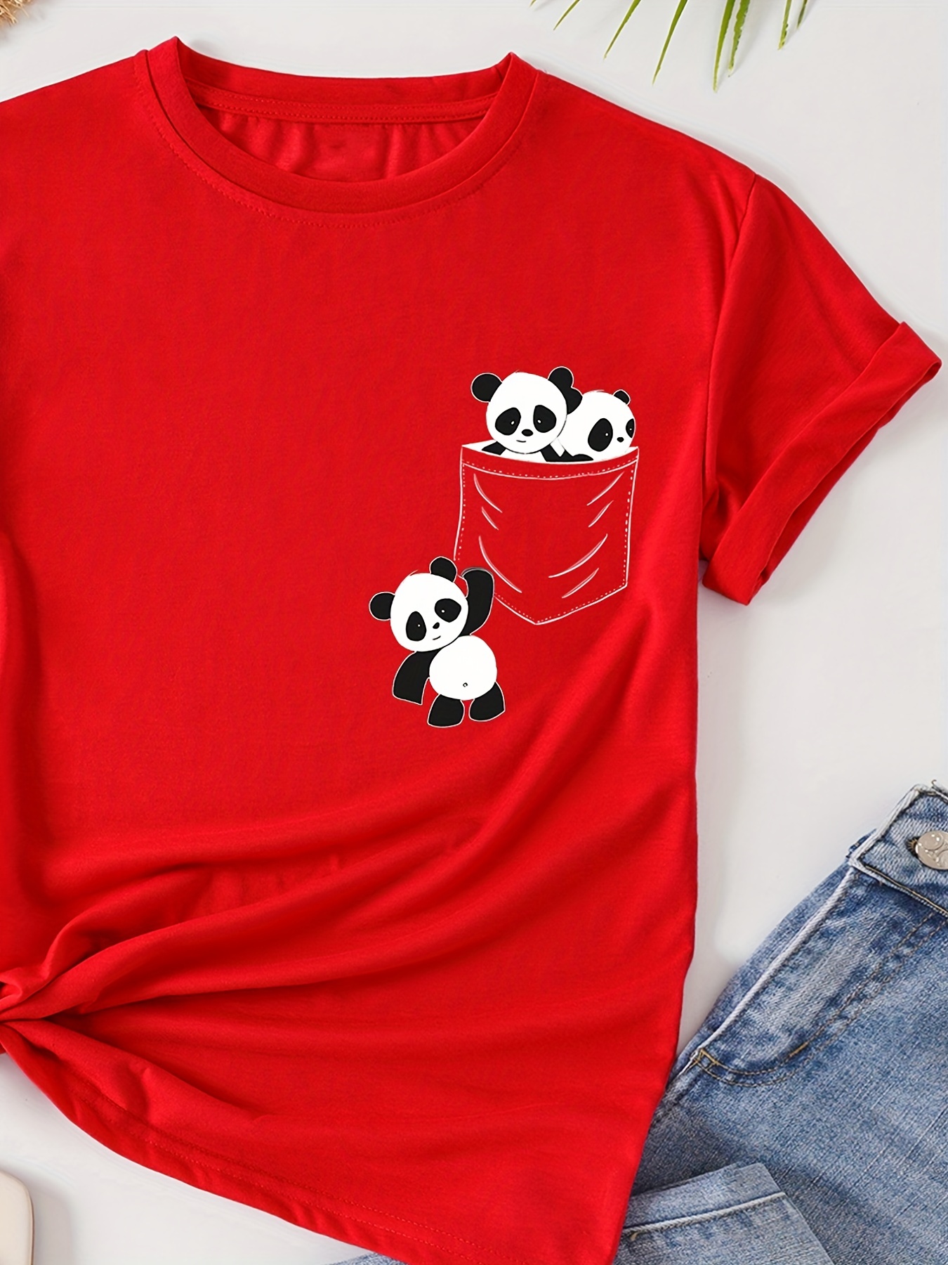 panda print crew neck t shirt casual short sleeve t shirt for spring summer womens clothing details 48