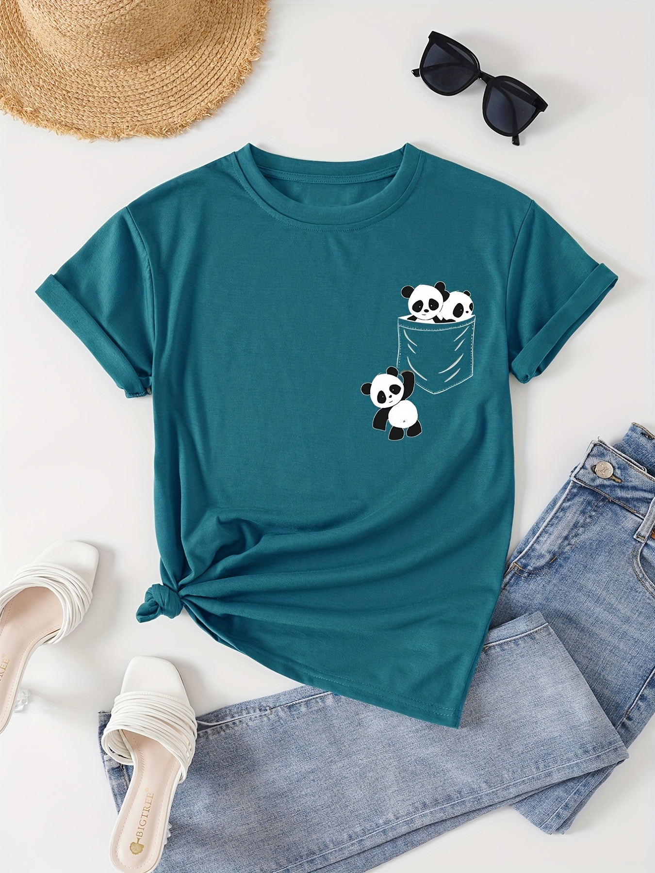 panda print crew neck t shirt casual short sleeve t shirt for spring summer womens clothing details 52